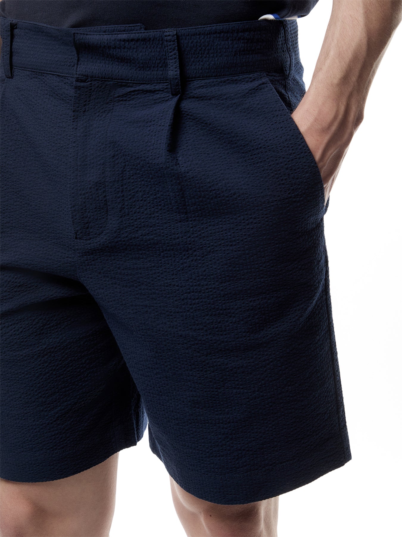 Linton Navy Cotton Seersucker Pleated Shorts