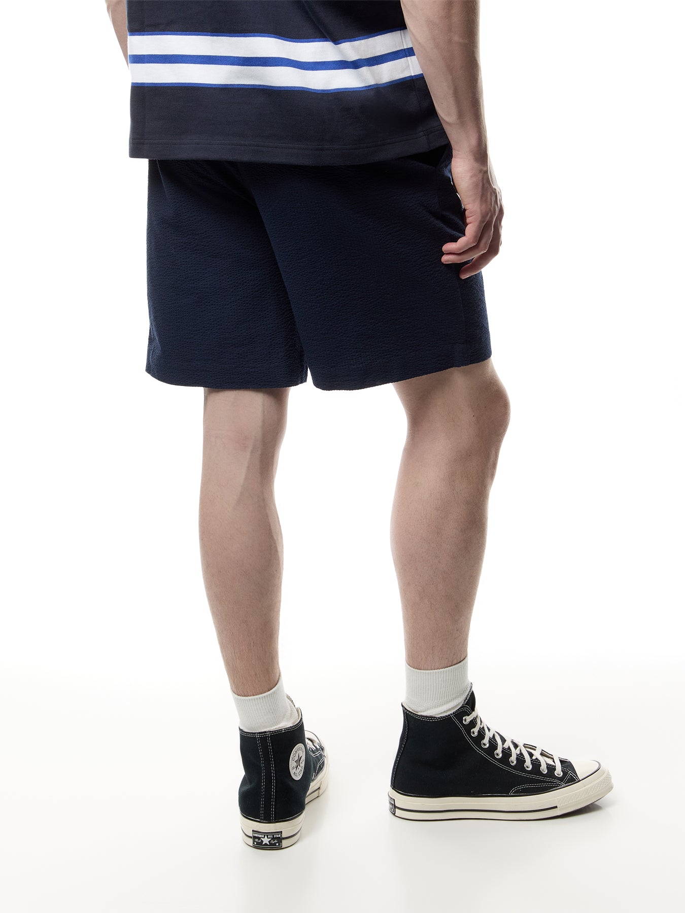 Linton Navy Cotton Seersucker Pleated Shorts