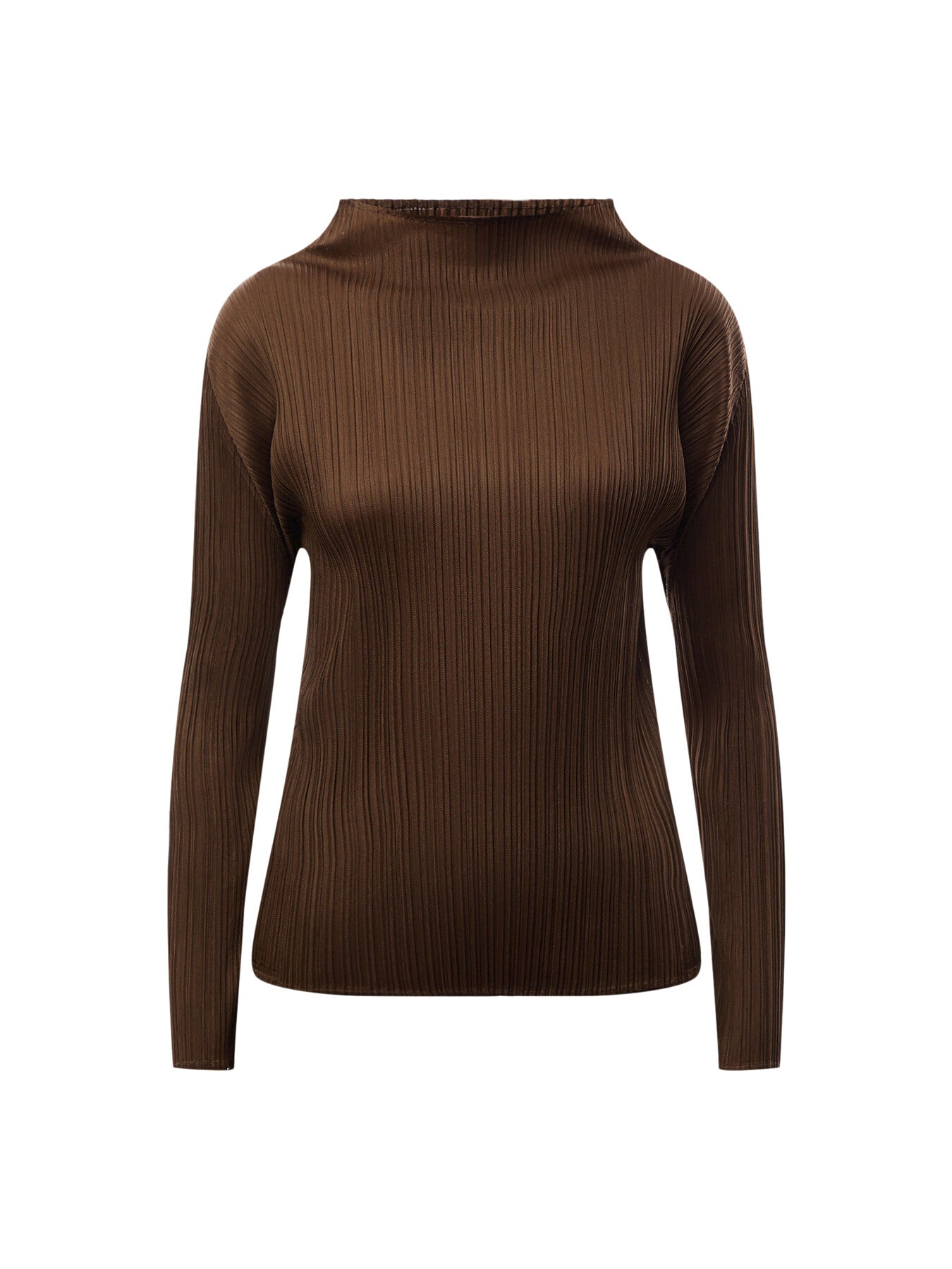 Pleats Colourful Basics Mock Neck Long Sleeve Brown Shirt