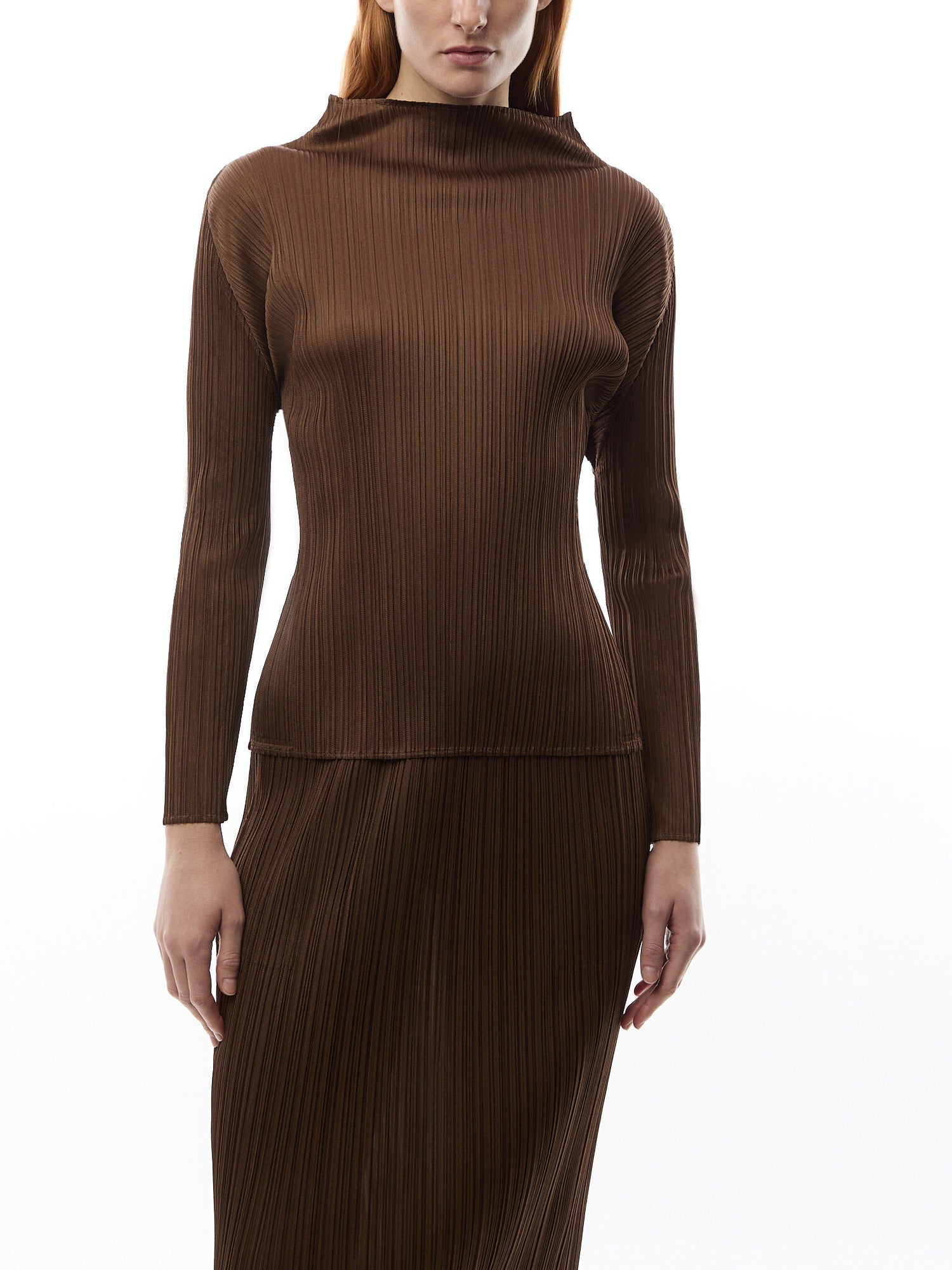Pleats Colourful Basics Mock Neck Long Sleeve Brown Shirt