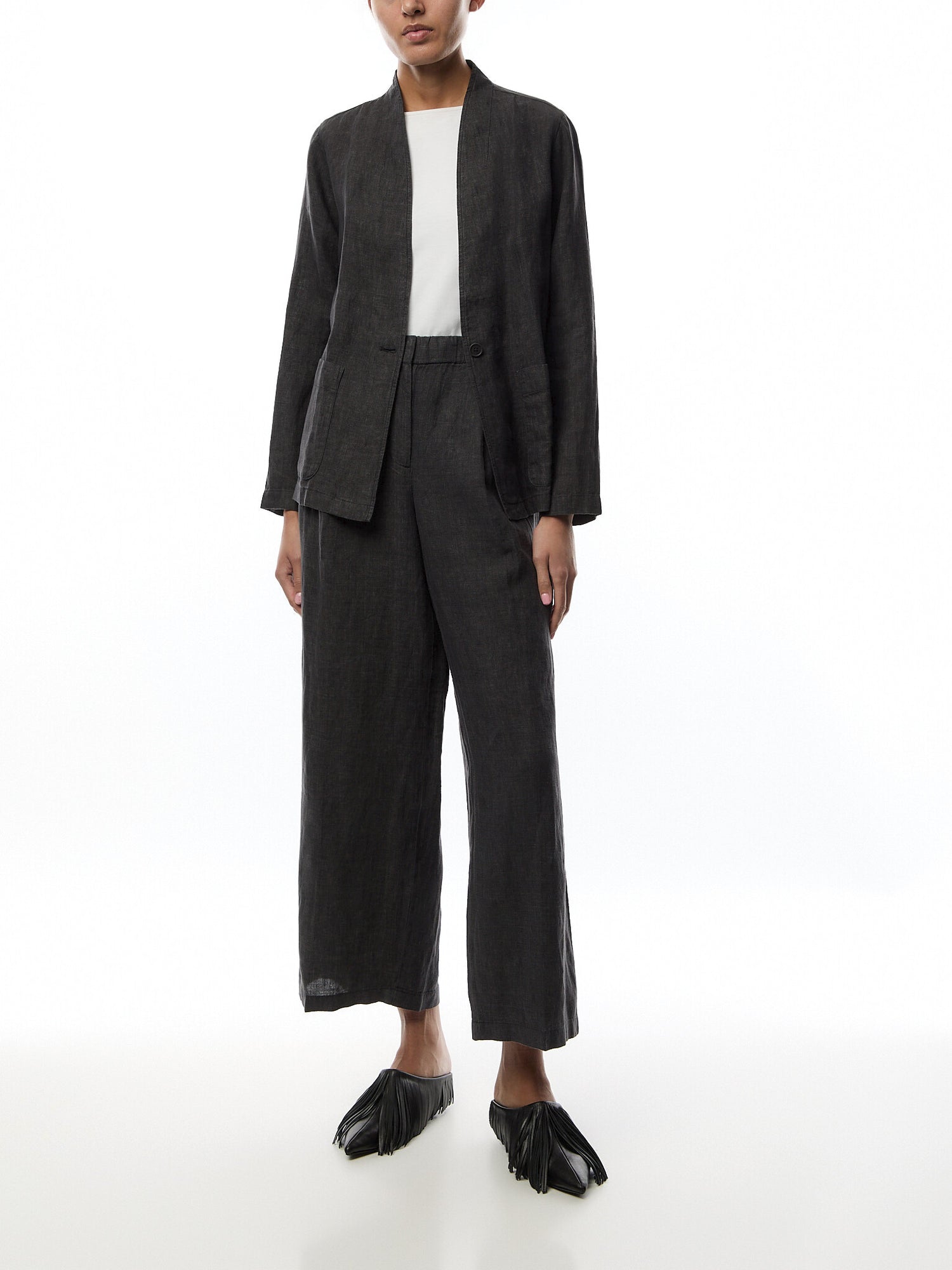 High Waisted Pleated Linen Trousers Grey