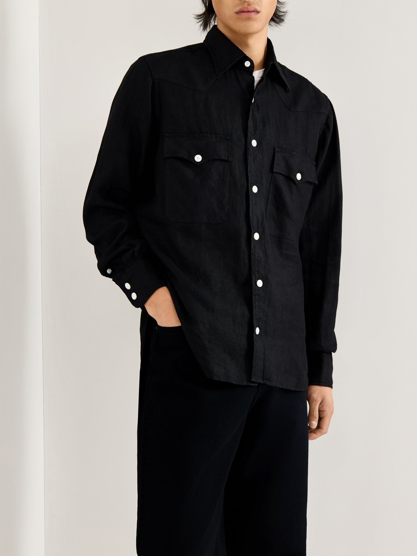 Linen Two-Pocket Twill Western Shirt Black