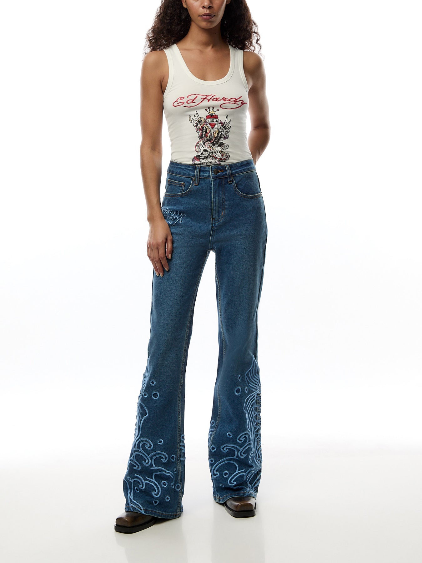 Womens Jumping Koi Denim Flared Jeans