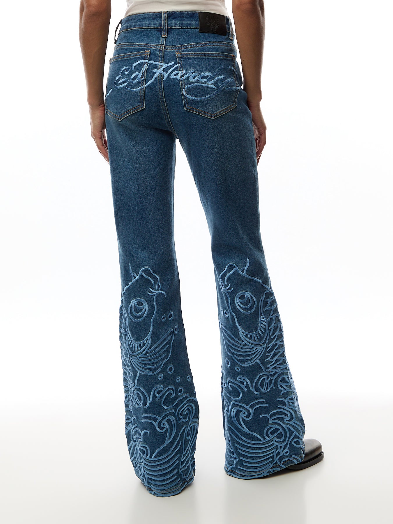 Womens Jumping Koi Denim Flared Jeans