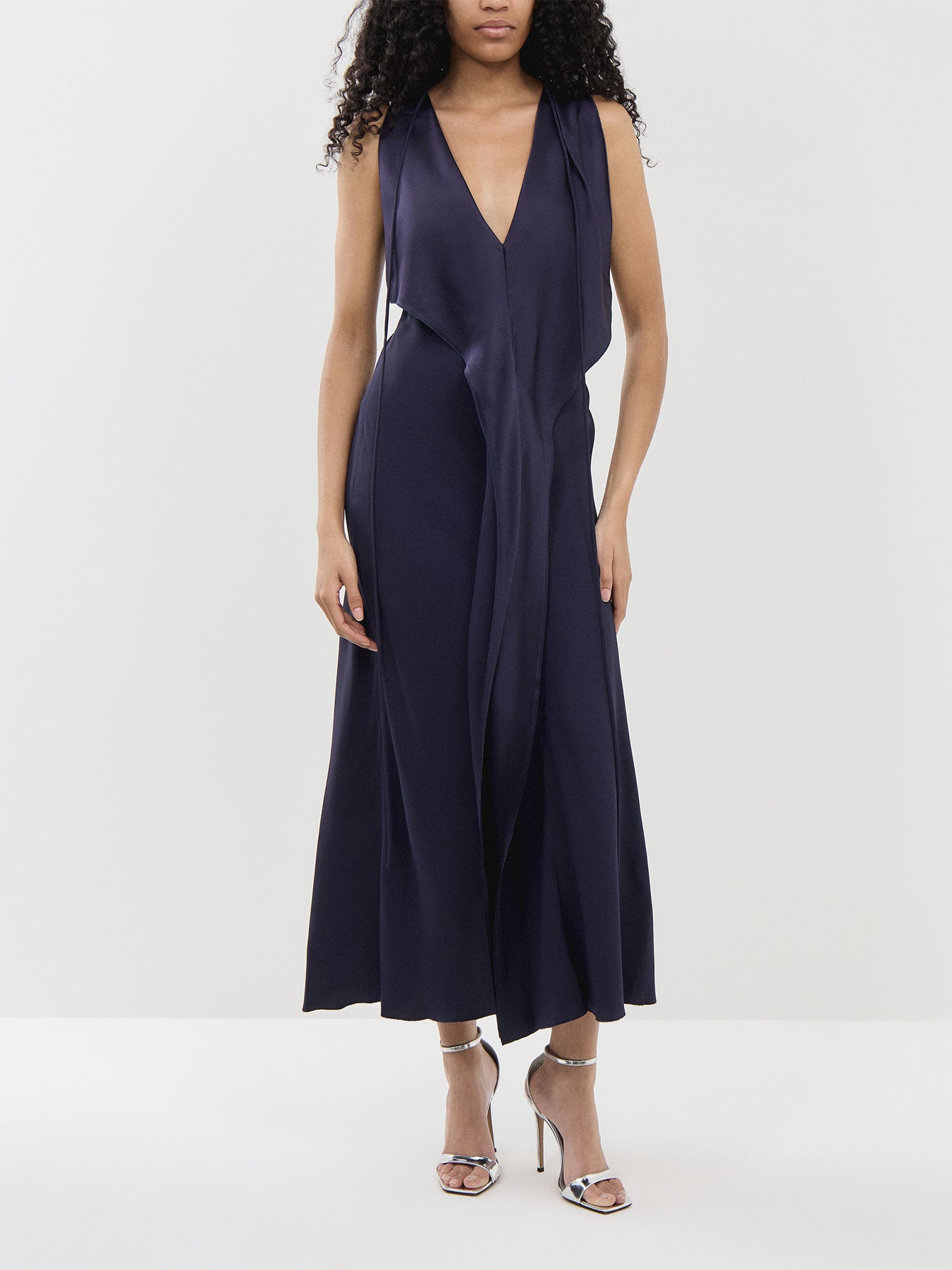 SLEEVELESS DRAPED V-NECK MIDI GOWN