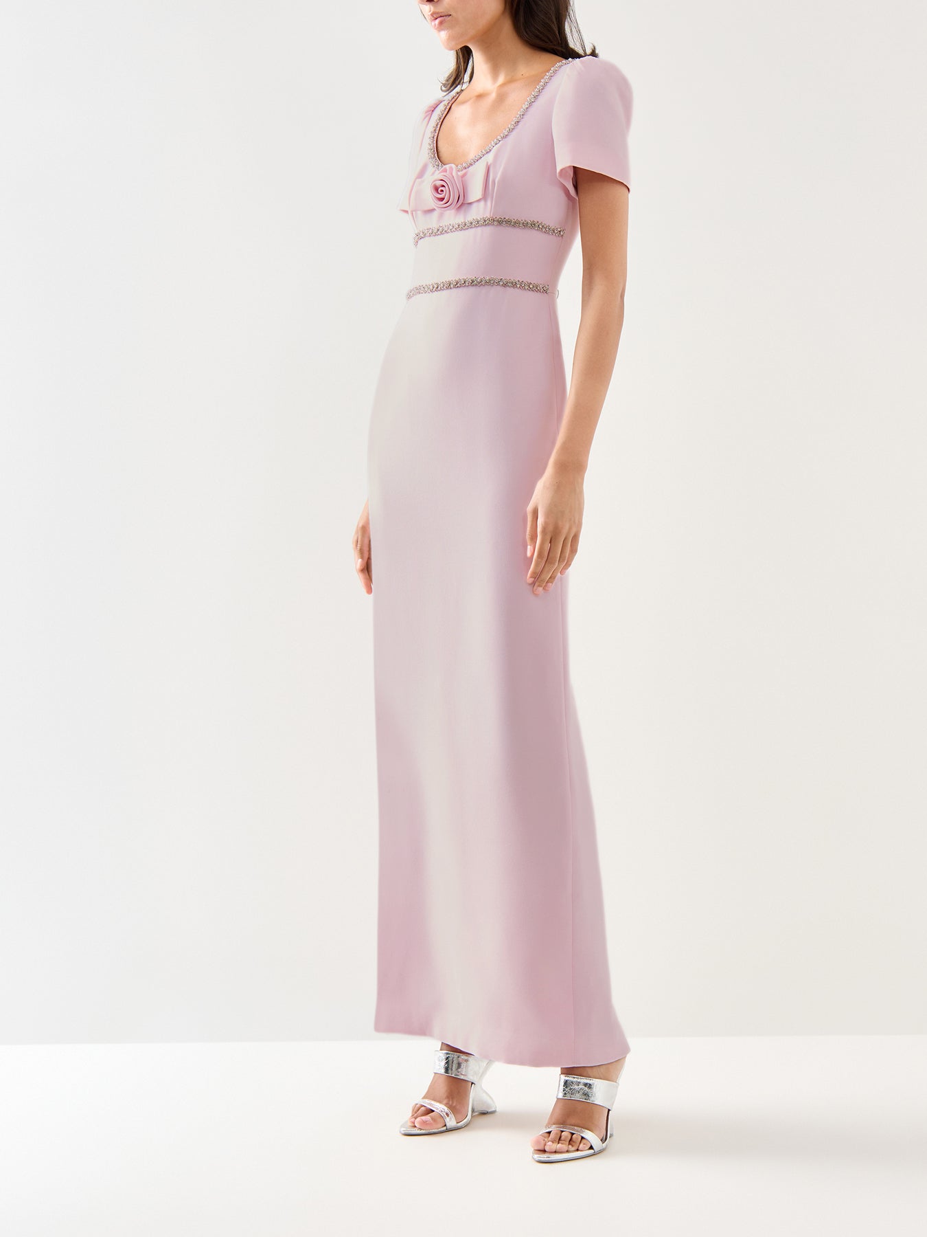 Pink Crepe Crystal Trim Maxi Dress