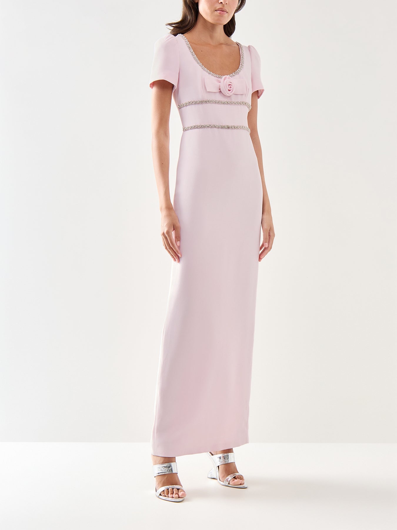 Pink Crepe Crystal Trim Maxi Dress