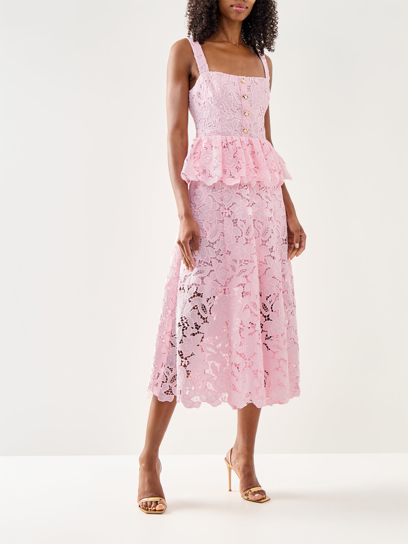 Pink Lace Peplum Midi Dress