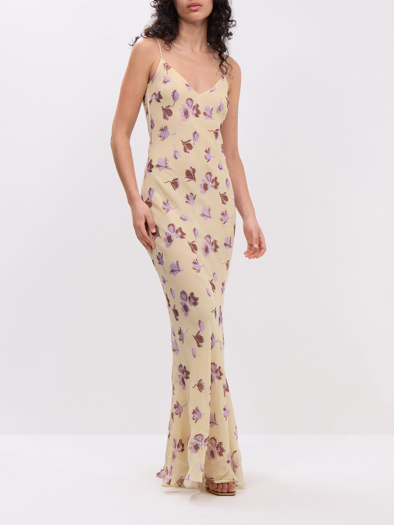Yellow Floral Rhinestone Maxi Dress