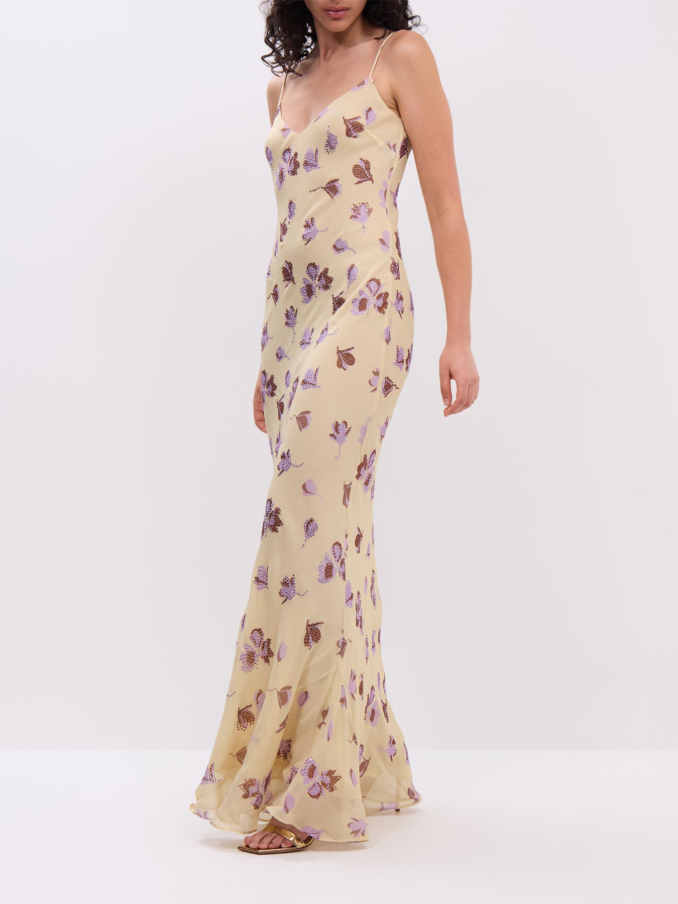 Yellow Floral Rhinestone Maxi Dress