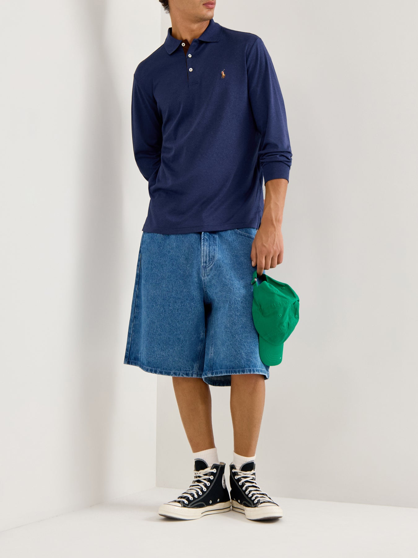 Pima Cotton Long Sleeves Polo Top Blue