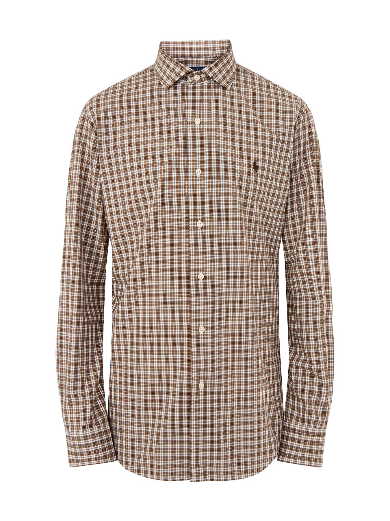 Custom Fit Stretch Poplin Check Shirt Brown