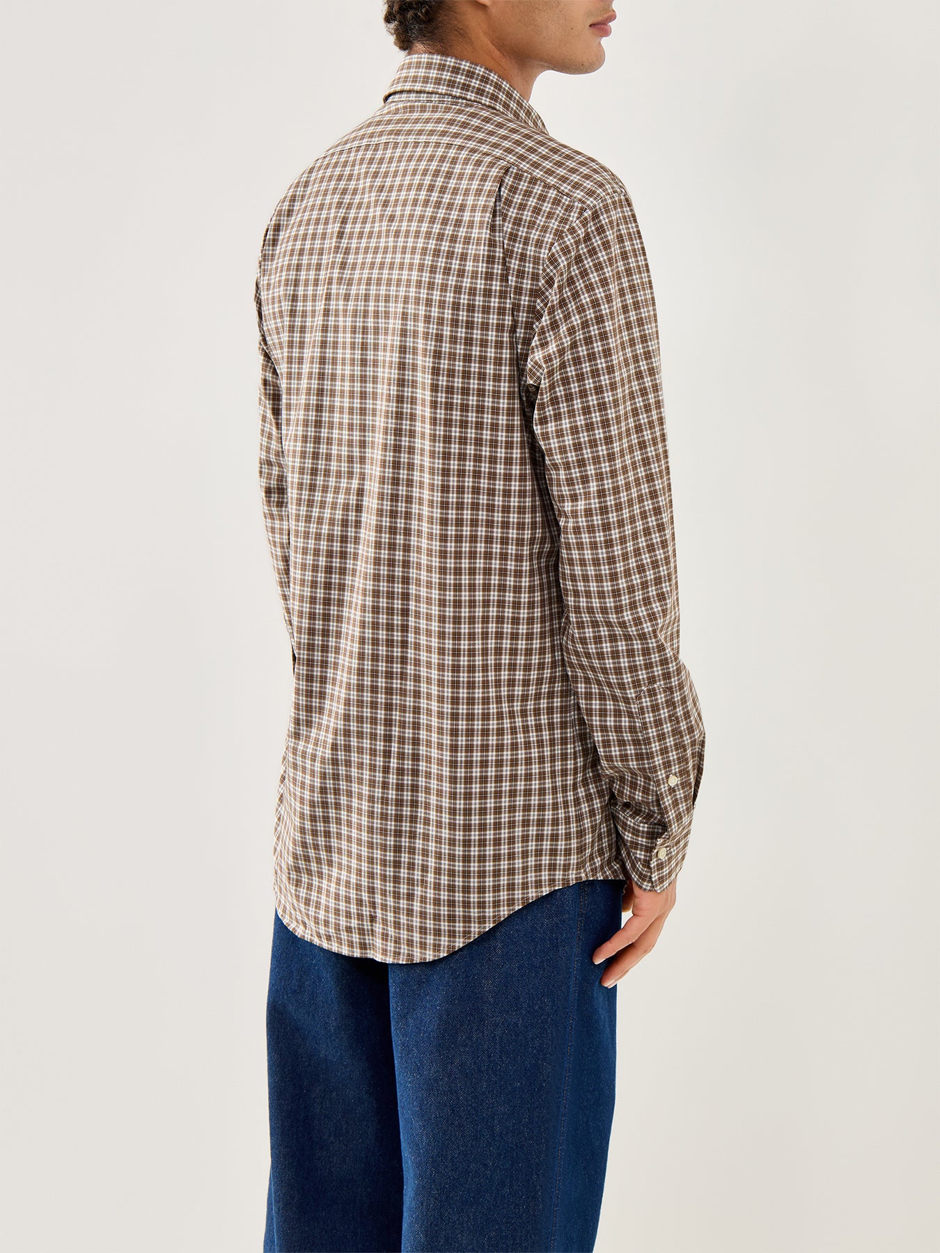 Custom Fit Stretch Poplin Check Shirt Brown