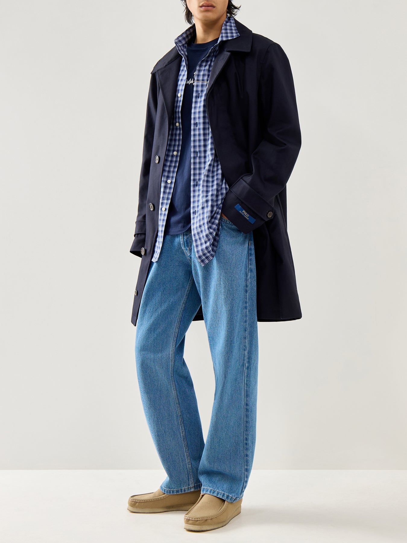 Custom Fit Stretch Poplin Check Shirt Navy Multi