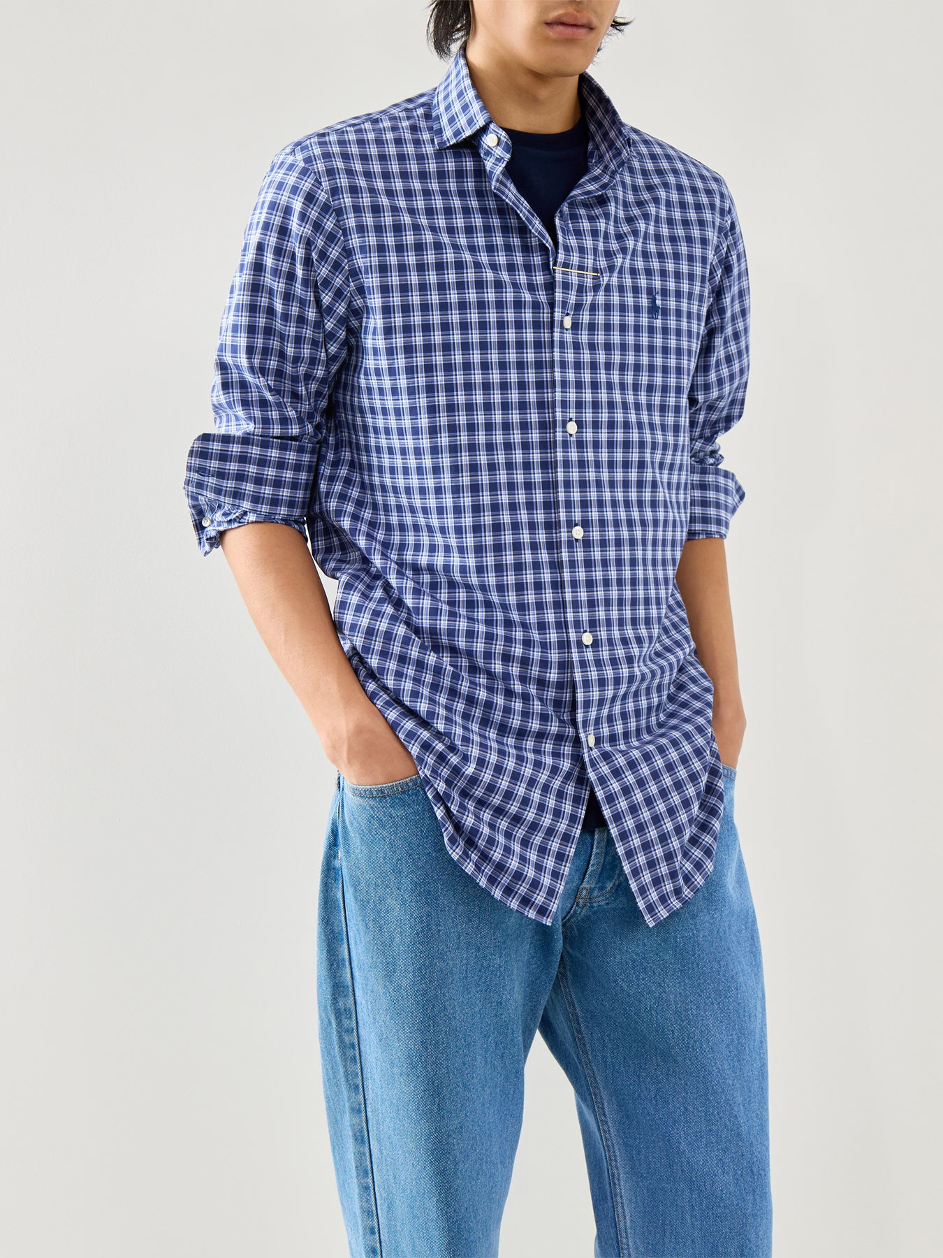 Custom Fit Stretch Poplin Check Shirt Navy Multi