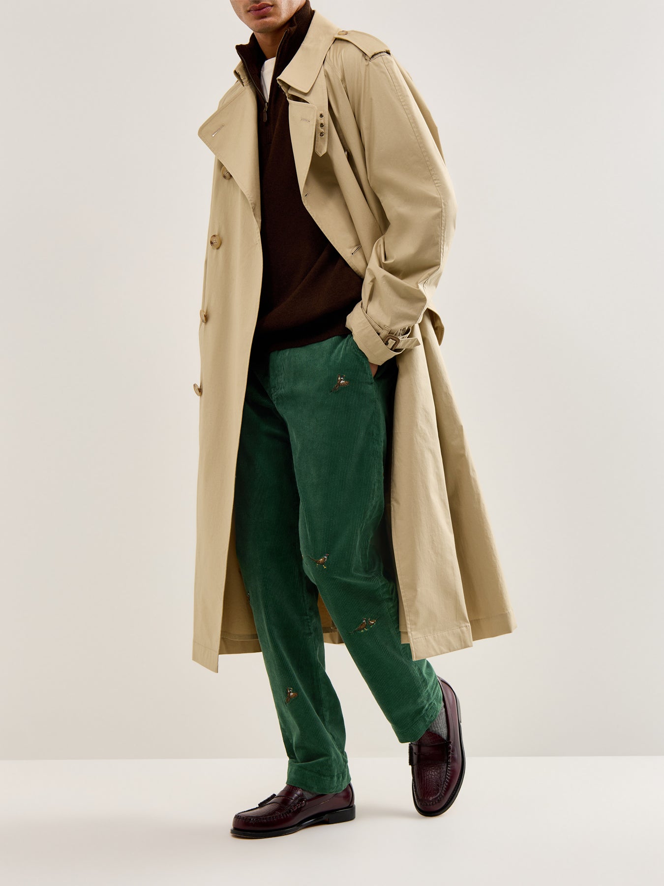 Bedford Cord Pheasant Print Trousers Green