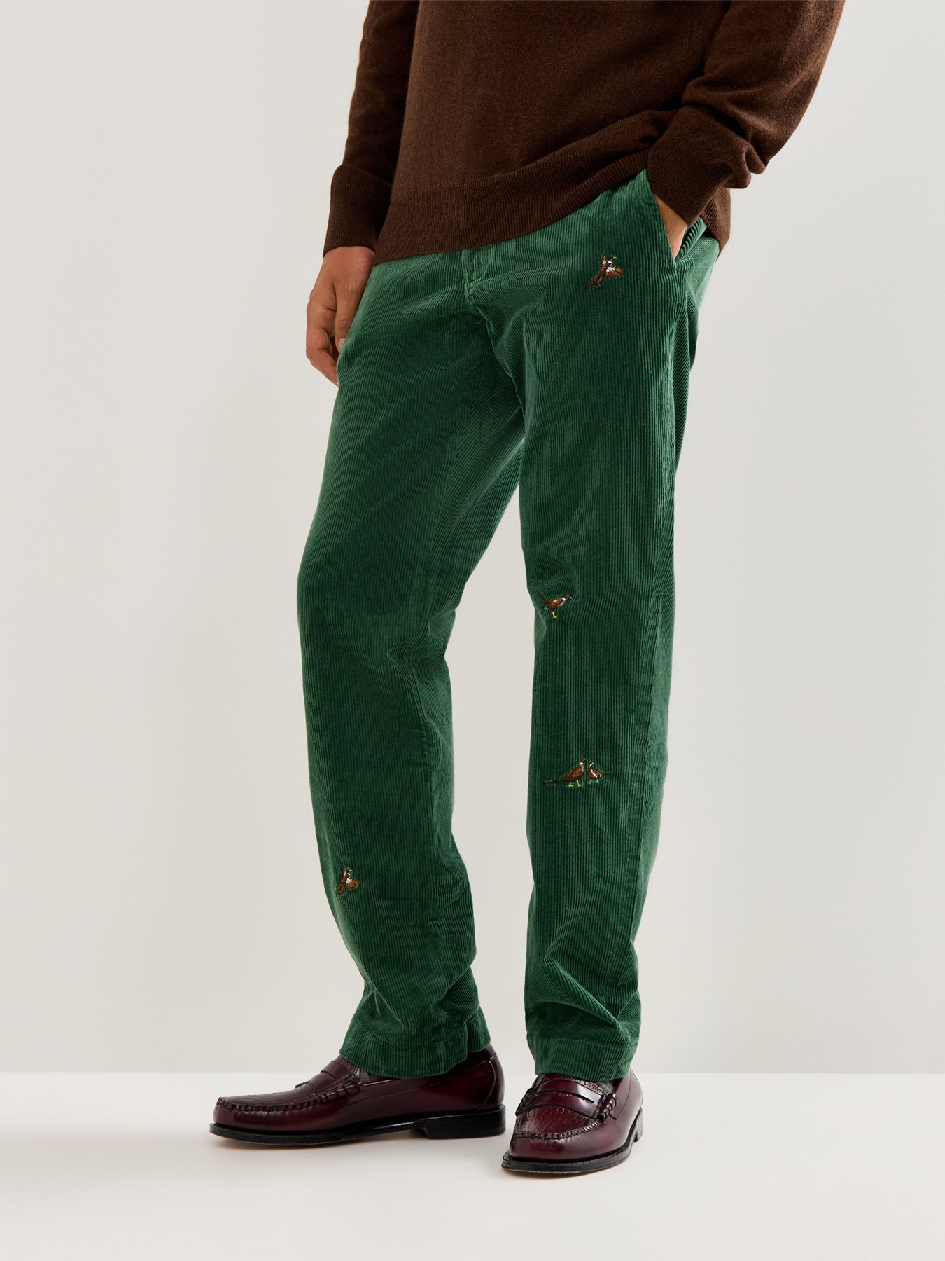 Bedford Cord Pheasant Print Trousers Green
