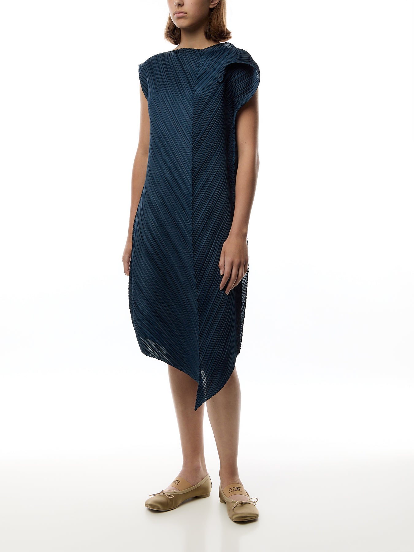 Pleats Sculptural Flare Grayish Navy Dress