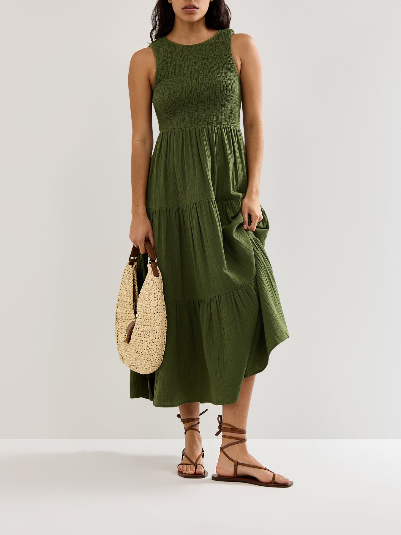 Green Sleeveless Tiered Charlie Midi