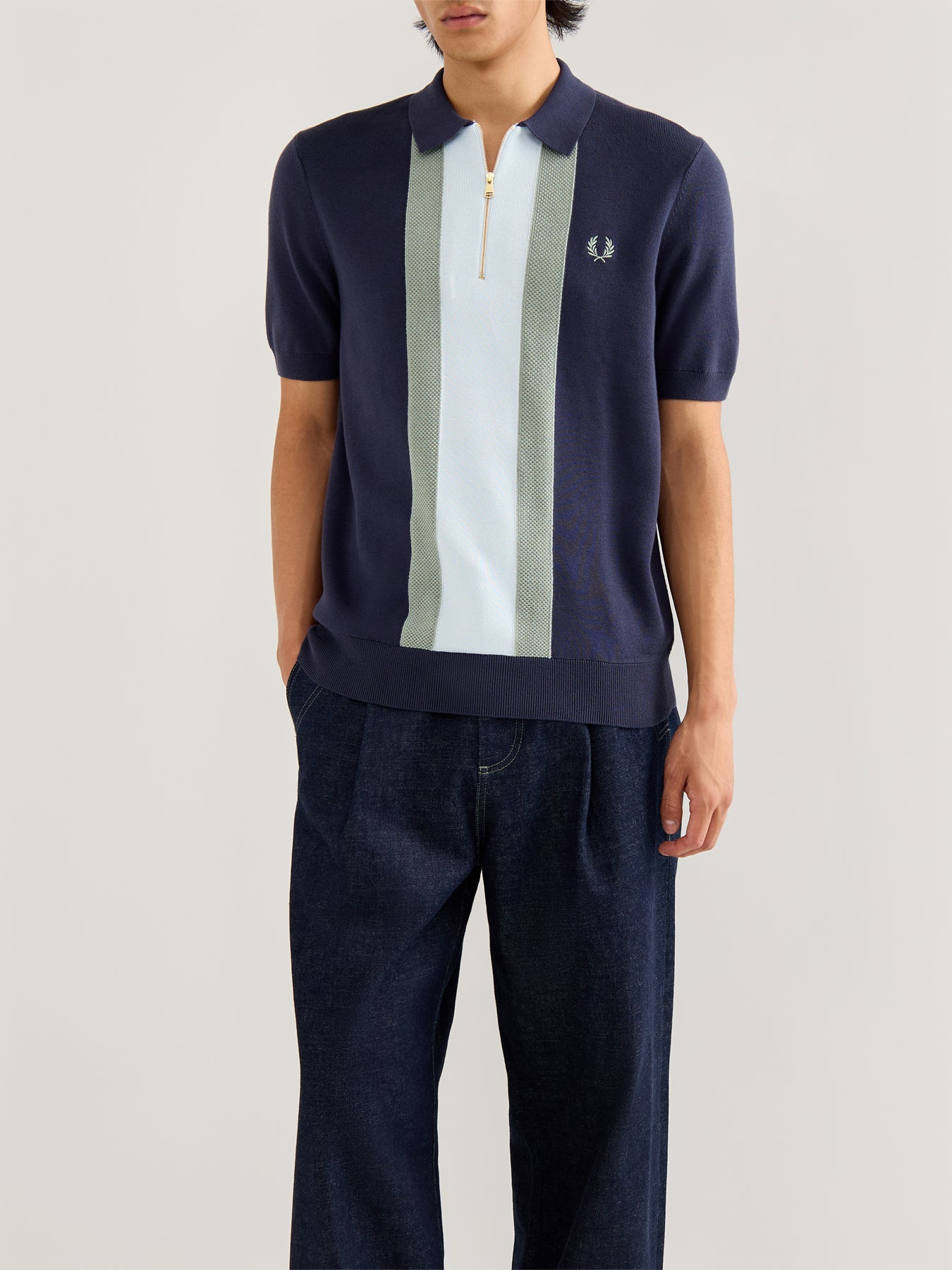 Textured Stripe Knitted Zip Polo