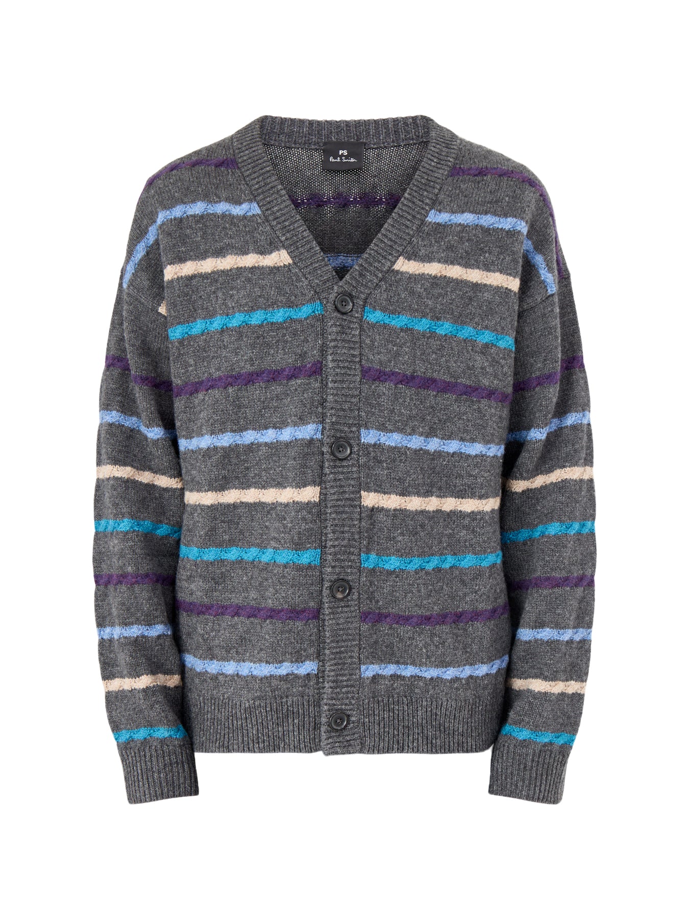 Stripe Wool Cardigan Button Thru Black