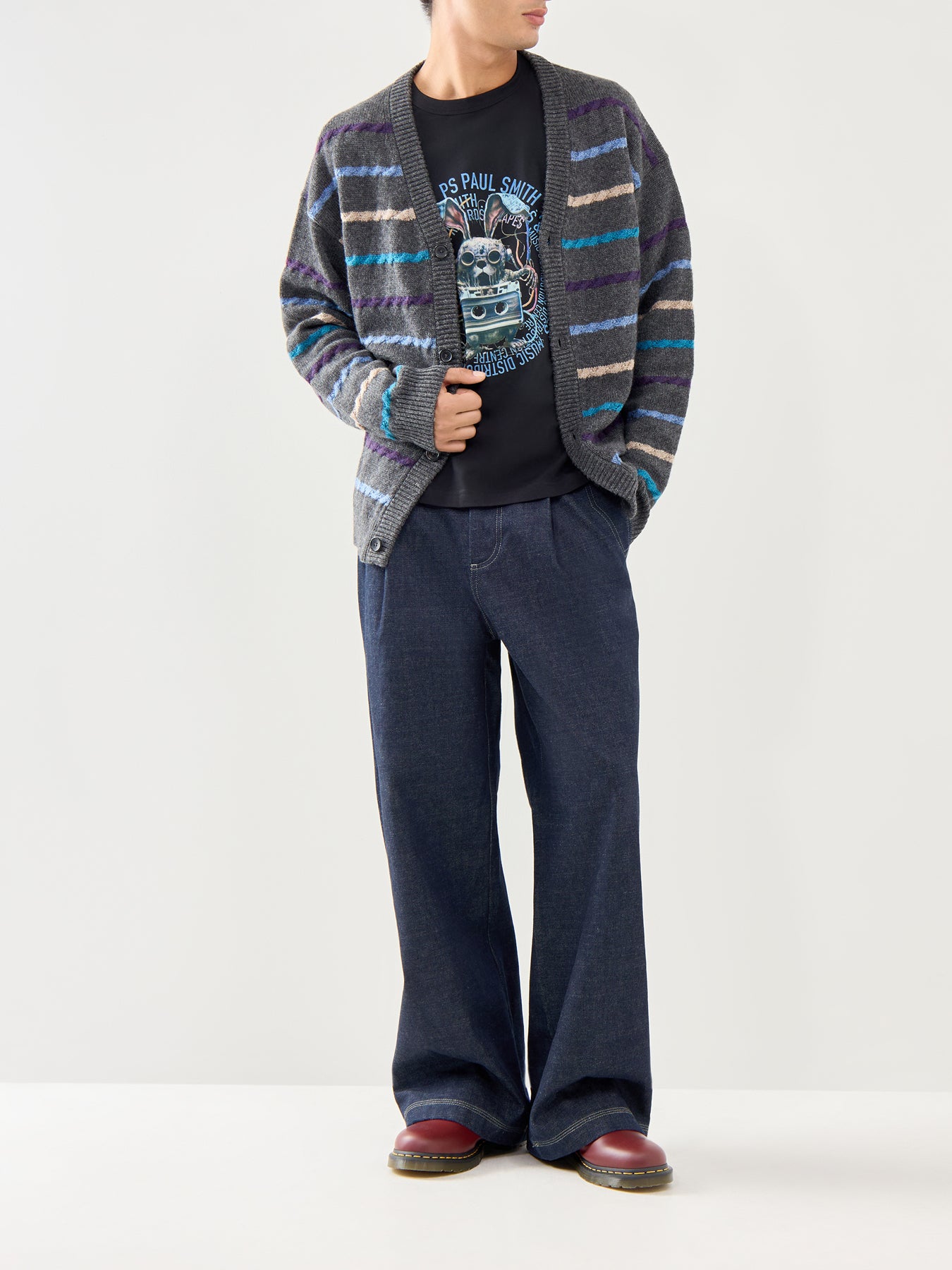 Stripe Wool Cardigan Button Thru Black