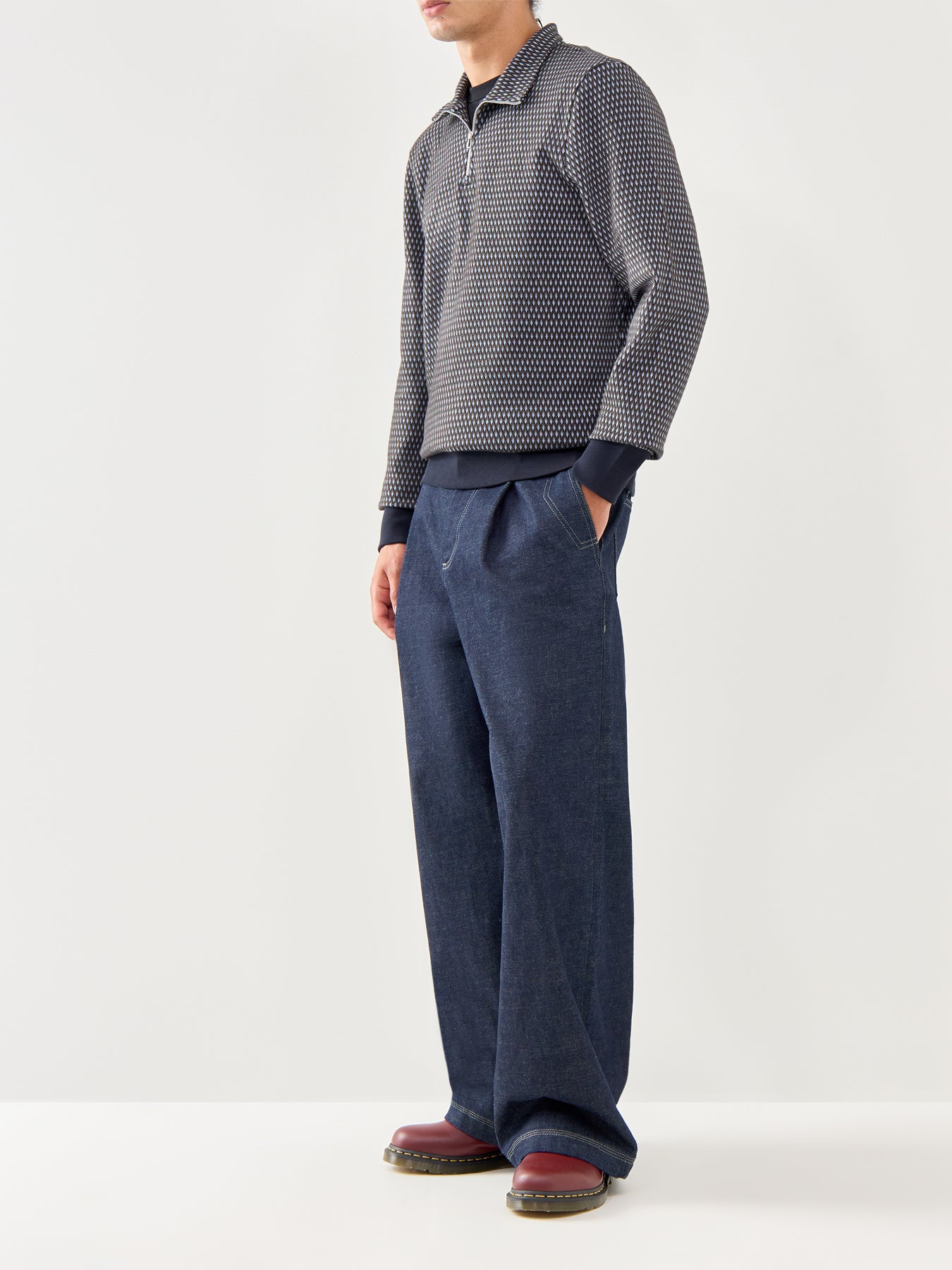 1/4 Zip Pattern Cotton Sweatshirt Blue