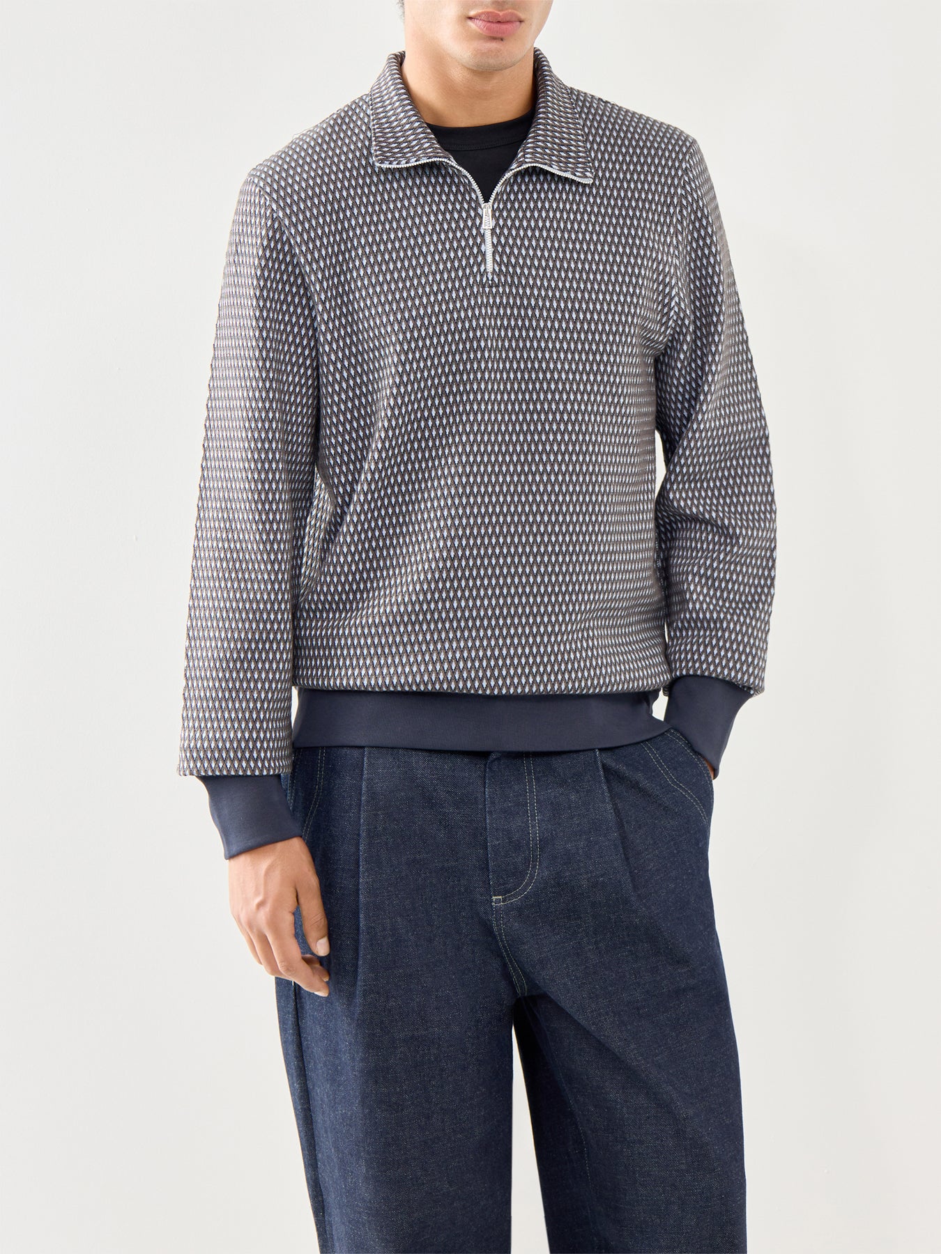 1/4 Zip Pattern Cotton Sweatshirt Blue