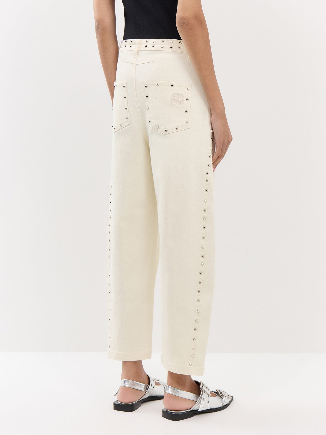 Ecru Studded Barrel Jeans
