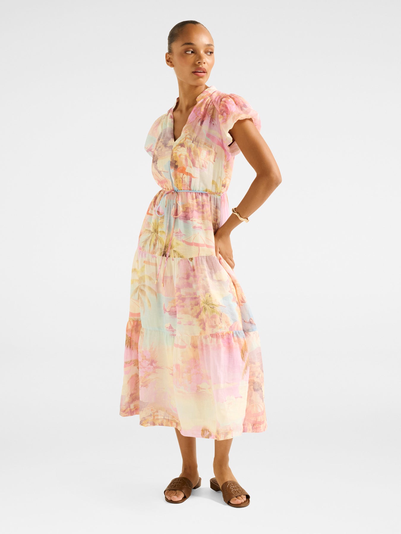 Jacqueline Puff Sleeves Tiered Midi Dress