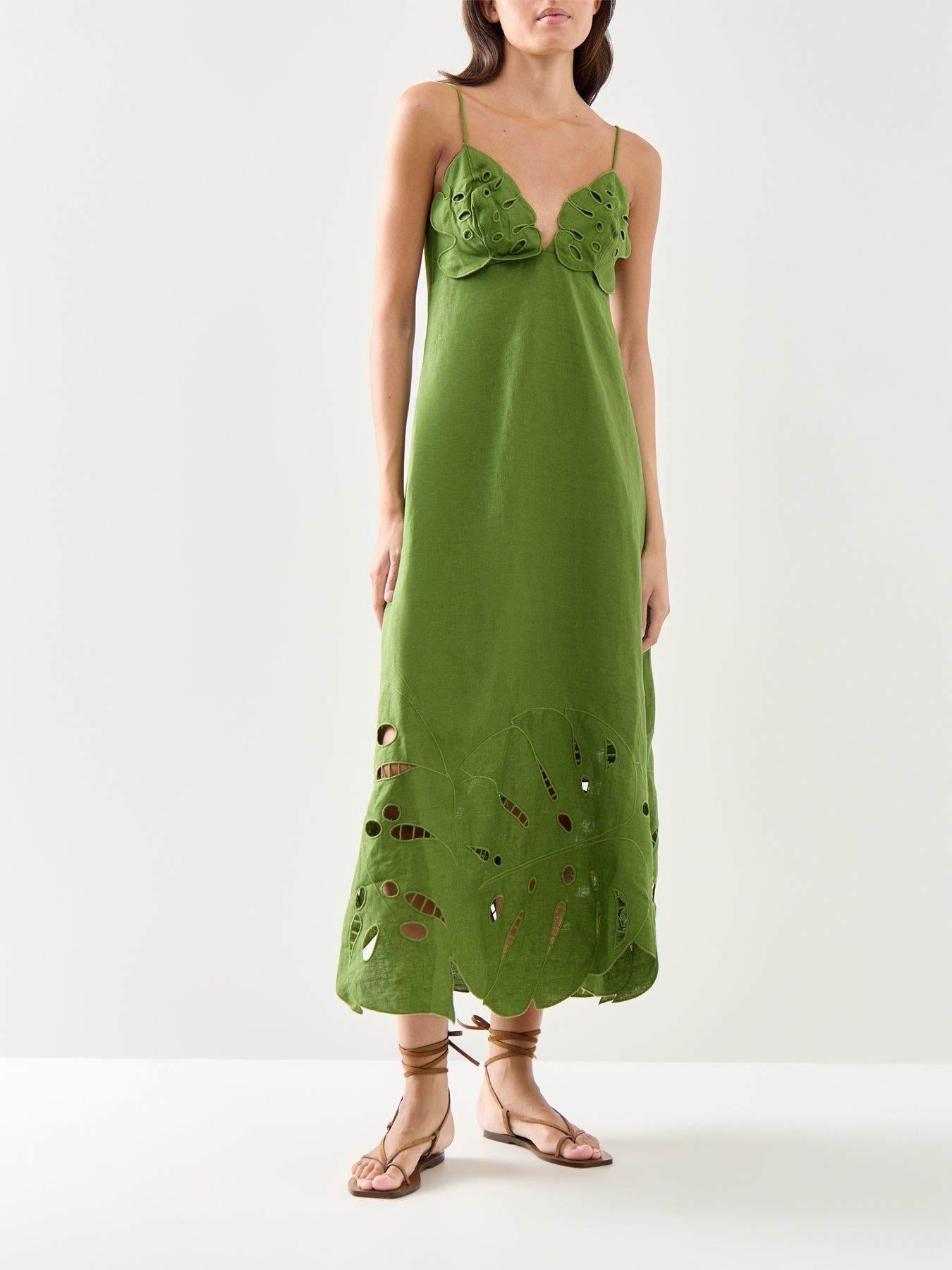 Green Monstera Embroidery Midi Dress