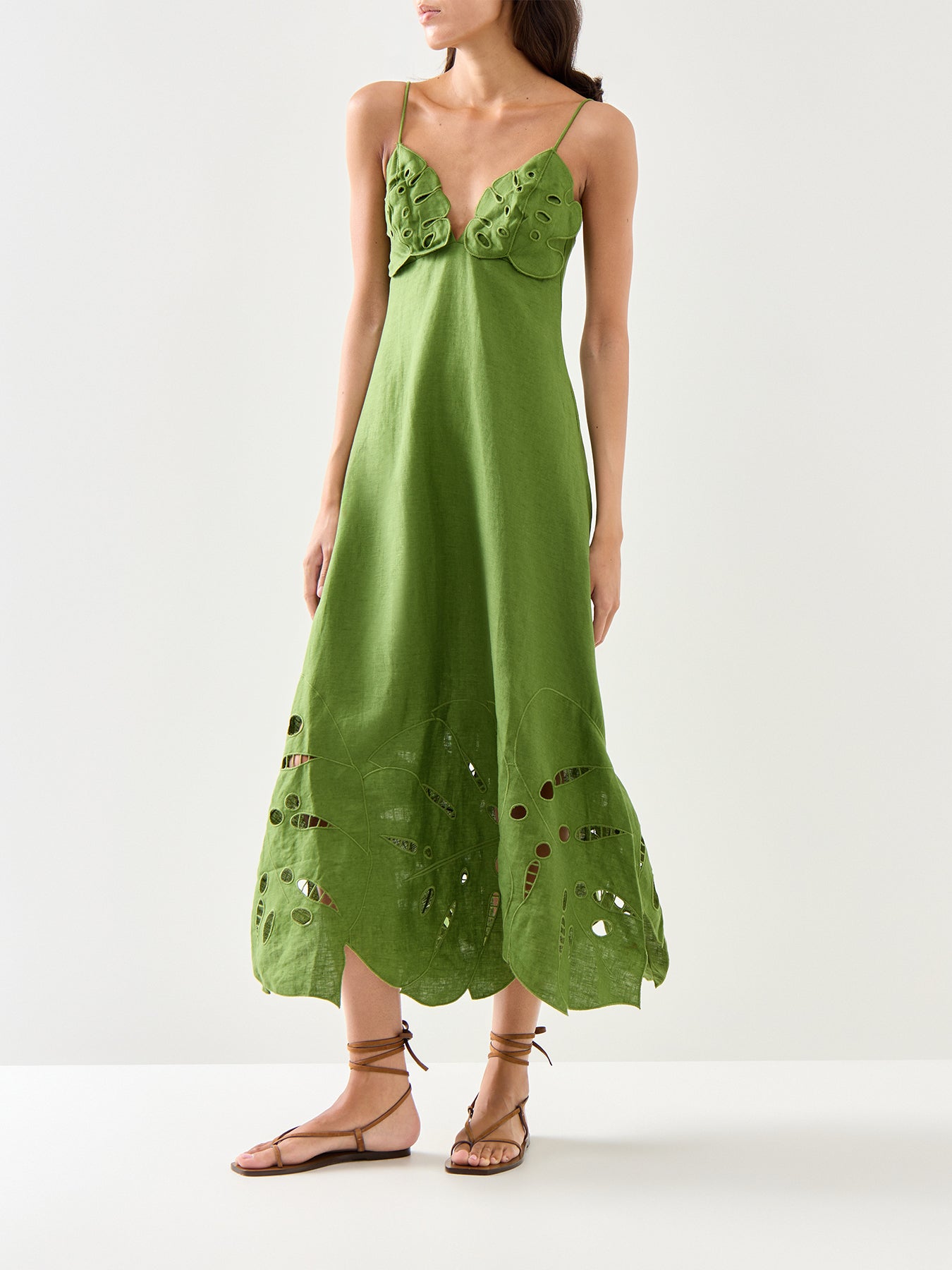 Green Monstera Embroidery Midi Dress