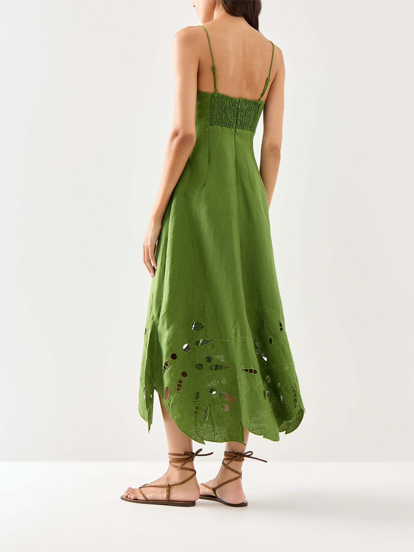 Green Monstera Embroidery Midi Dress
