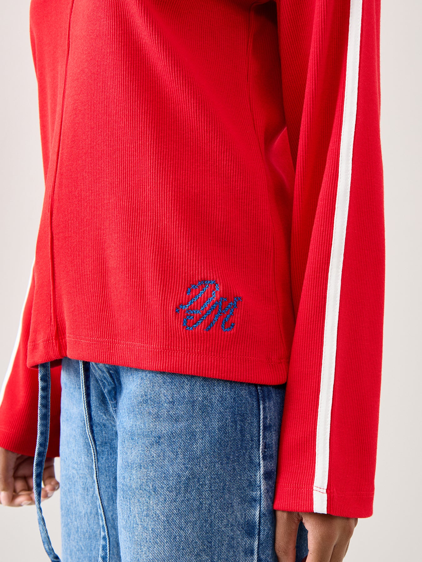 Lilah Stripe Long Sleeves Cotton Top Red Pointelle