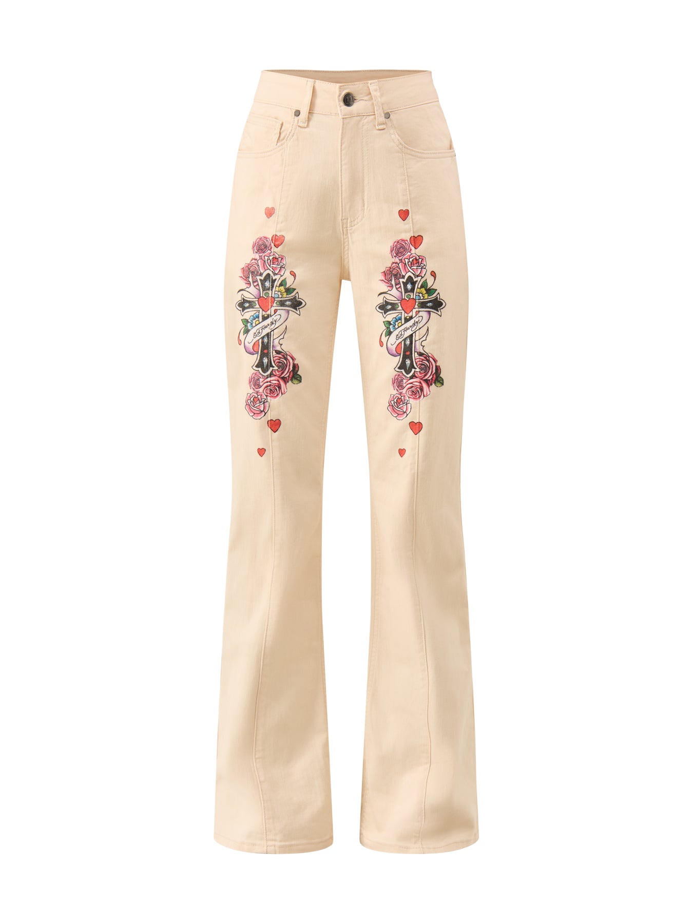 Floral Cross Flared Jeans Beige