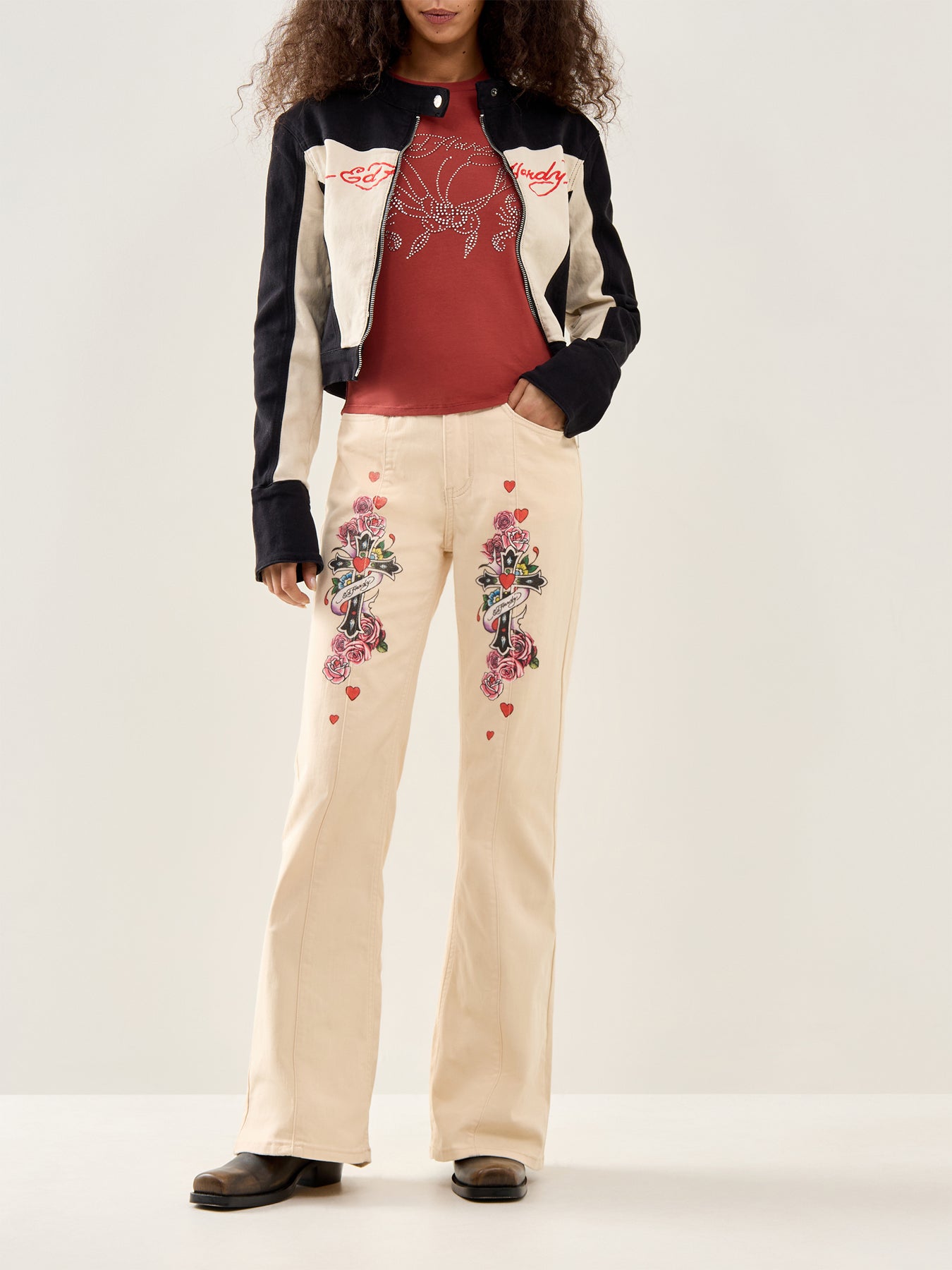 Floral Cross Flared Jeans Beige
