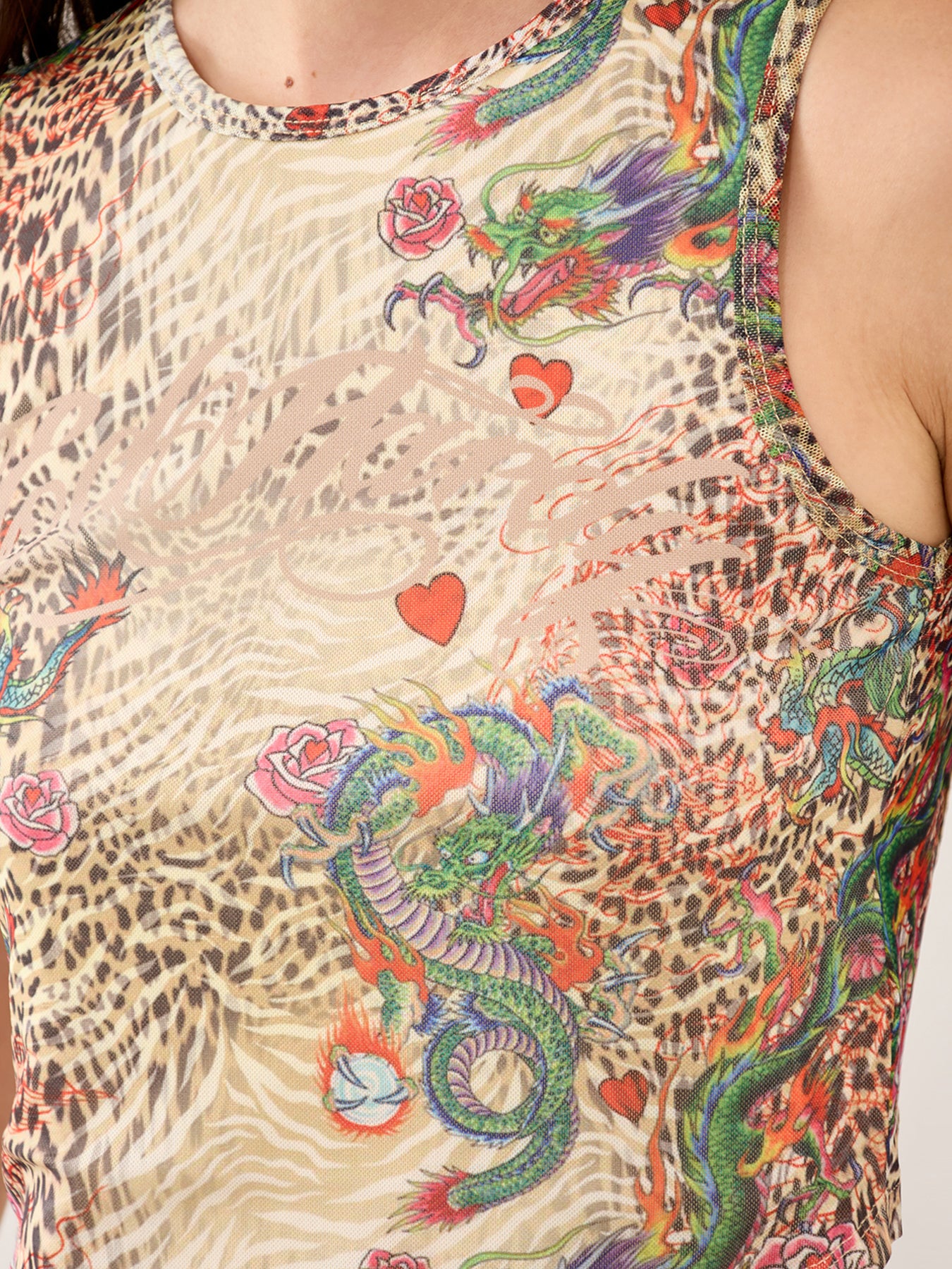 Dragon Repeat Mesh Vest Top Ecru