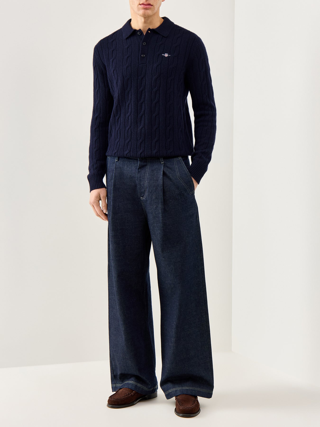 Lambswool Cable Polo Jumper Evening Blue