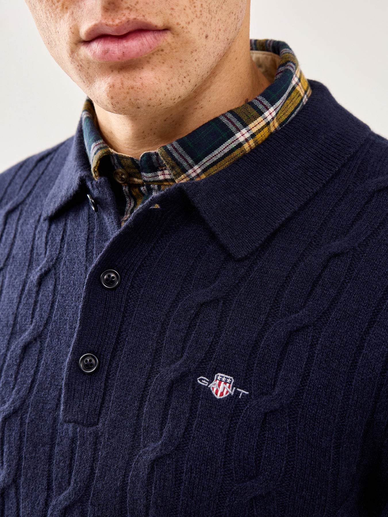 Lambswool Cable Polo Jumper Evening Blue