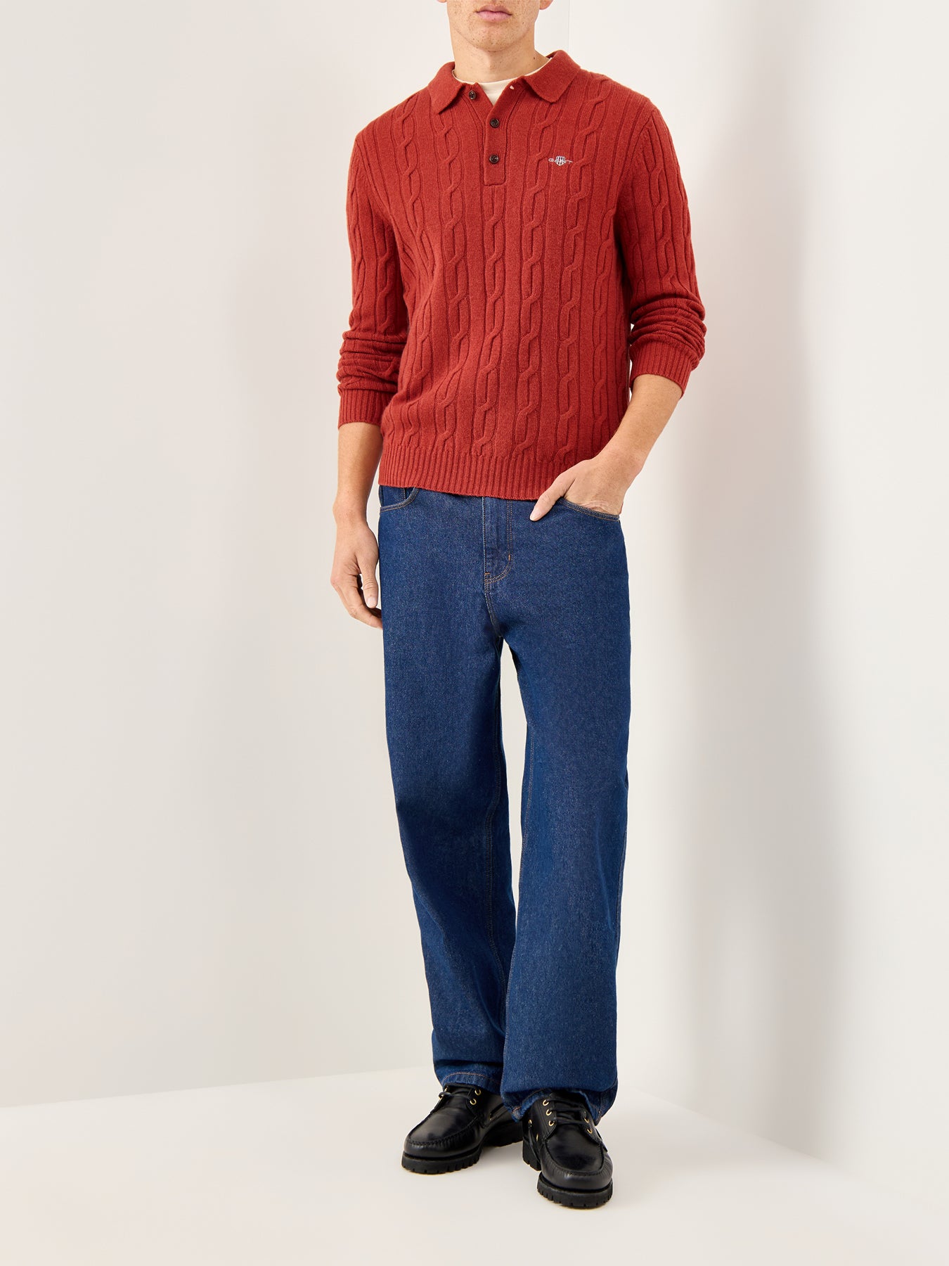 Lambswool Cable Polo Jumper Modern Rust