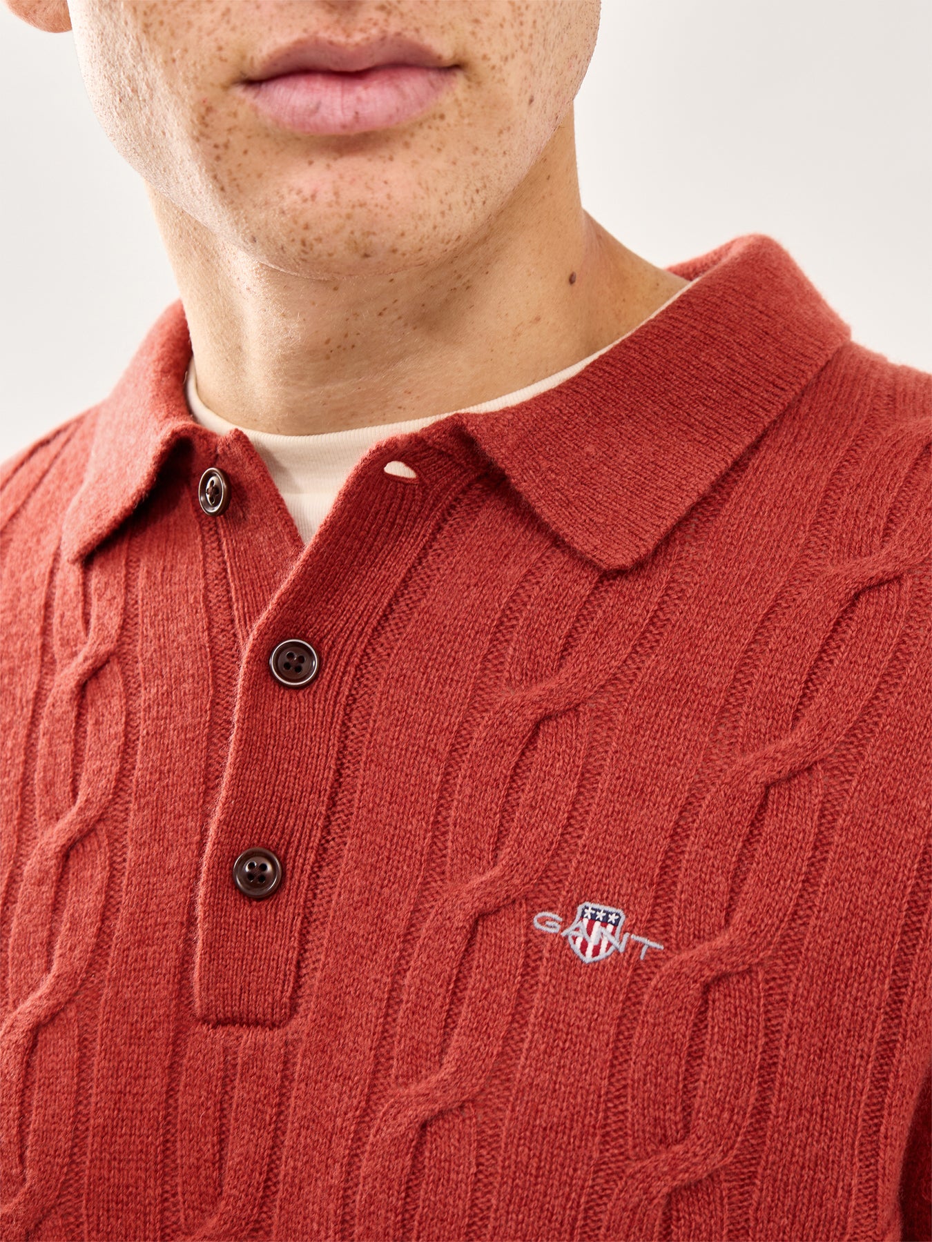 Lambswool Cable Polo Jumper Modern Rust