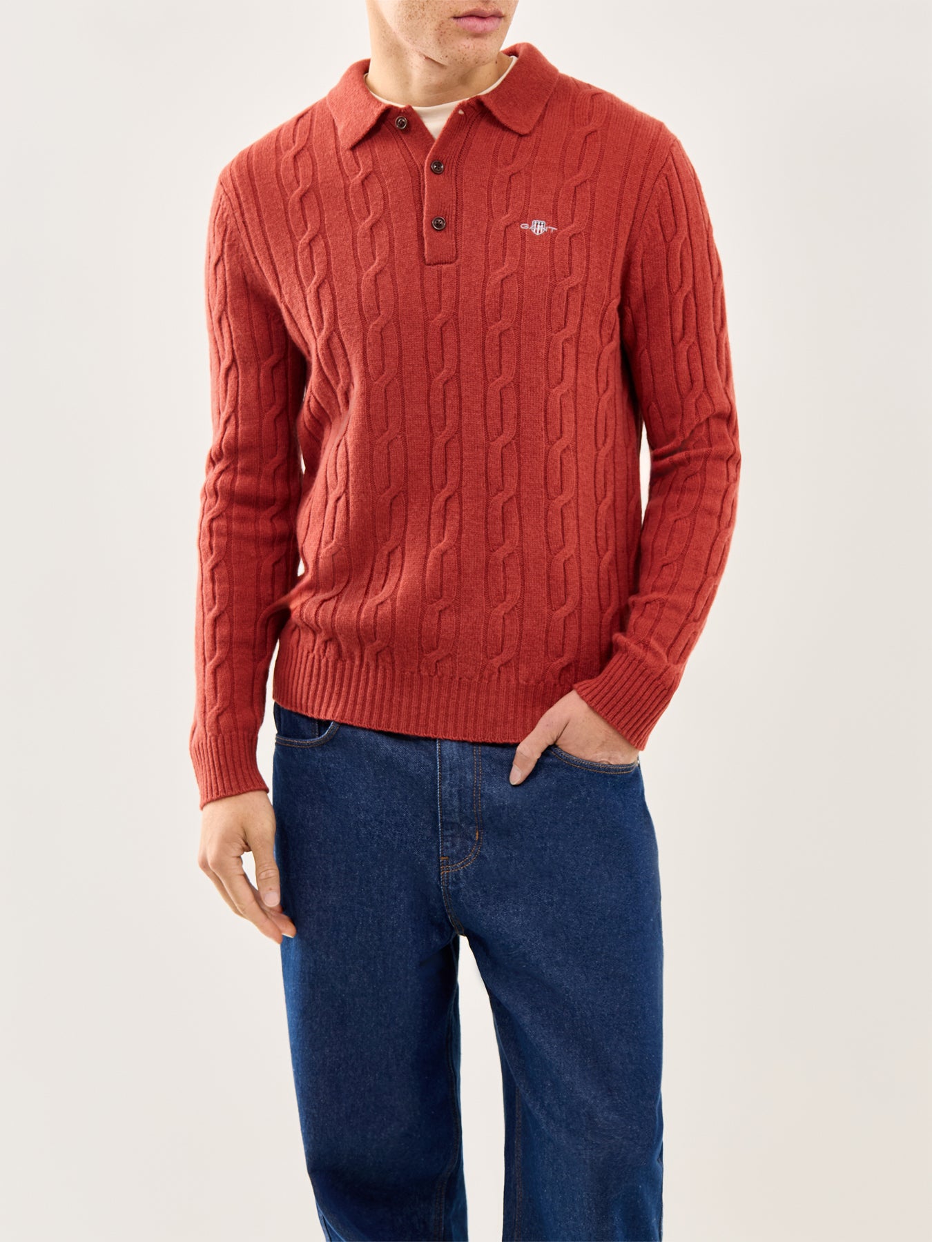 Lambswool Cable Polo Jumper Modern Rust