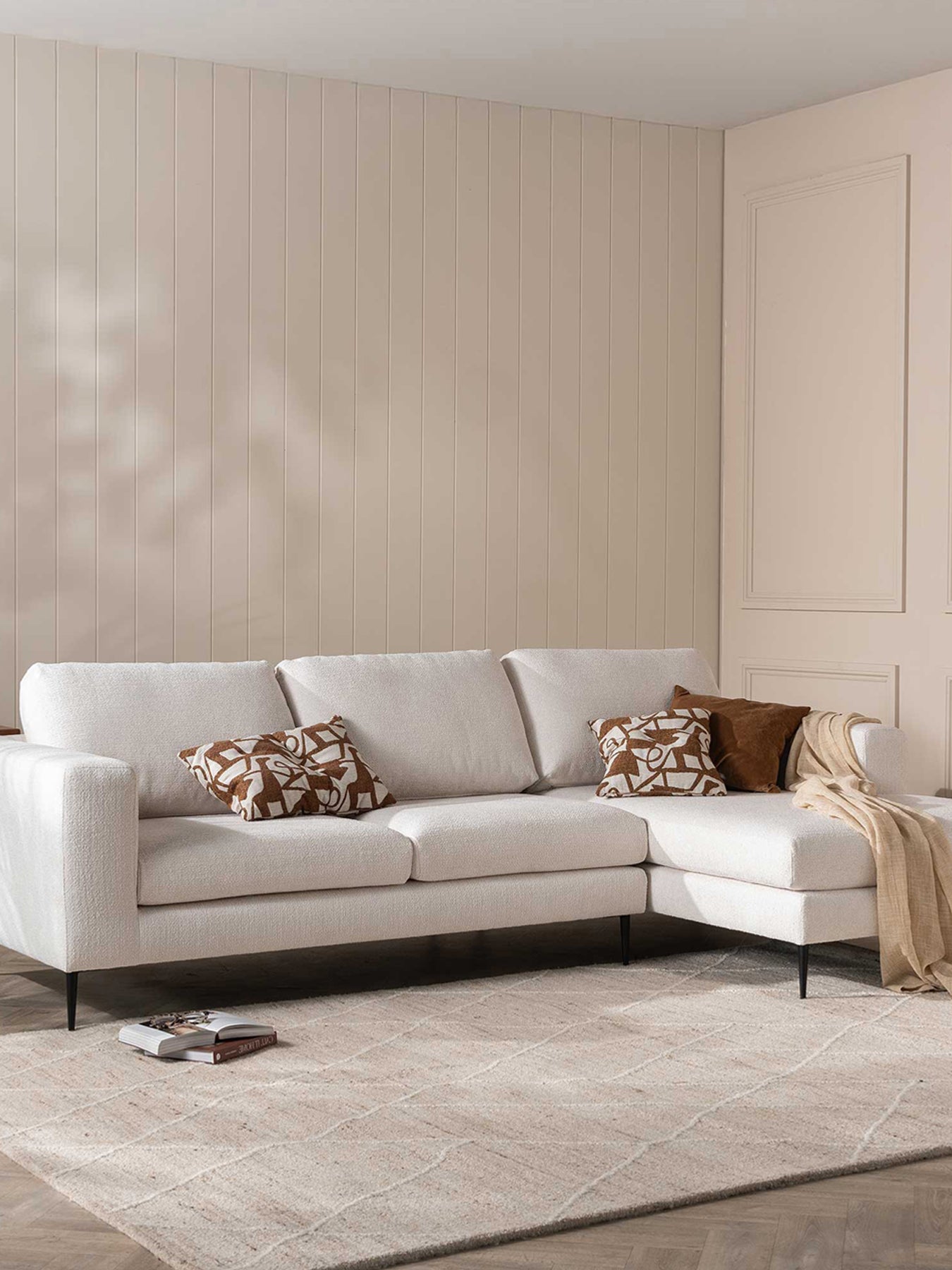 Sienna Boucle Fabric Right Hand Chaise Sofa With Steel Legs