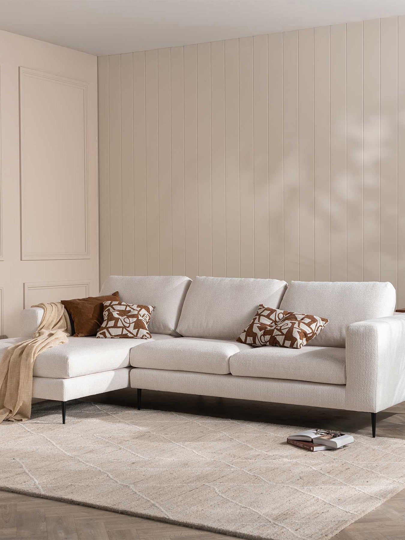 Sienna Boucle Fabric Left Hand Chaise Sofa With Steel Legs