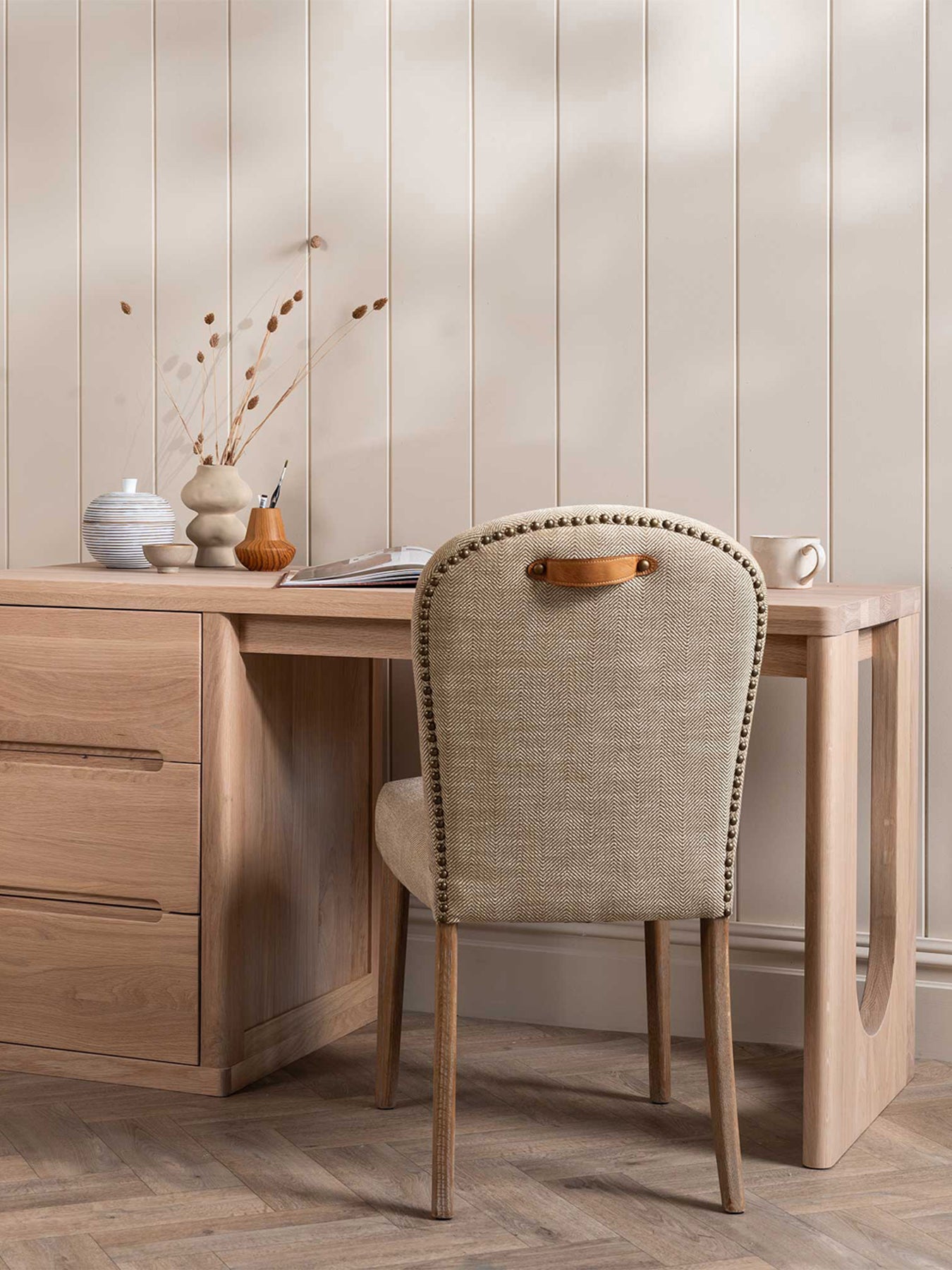 Maurice Herringbone Fabric Dining Chair With Leather Handle