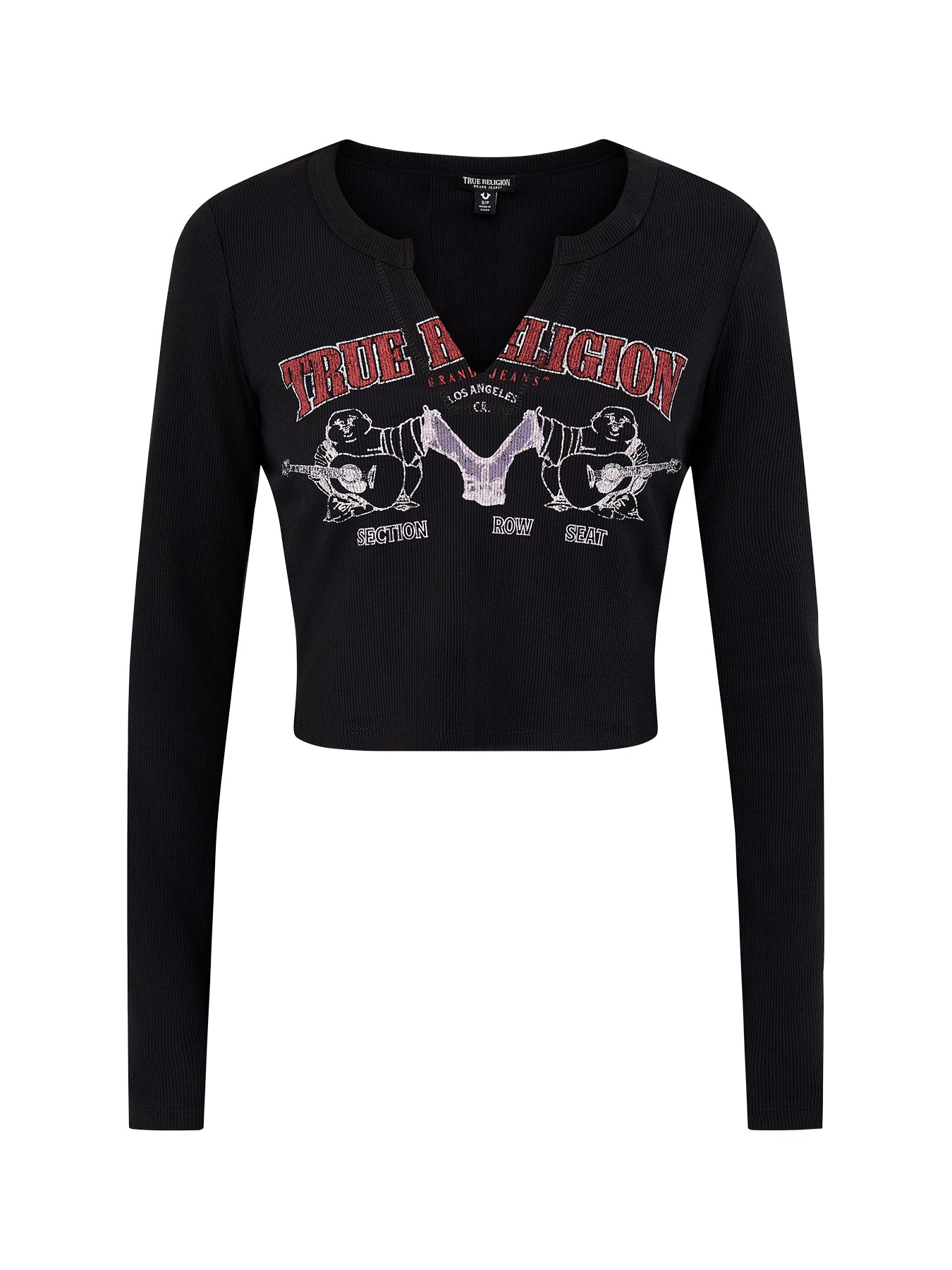 Buddha V-Neck Rib Long Sleeve Top Black