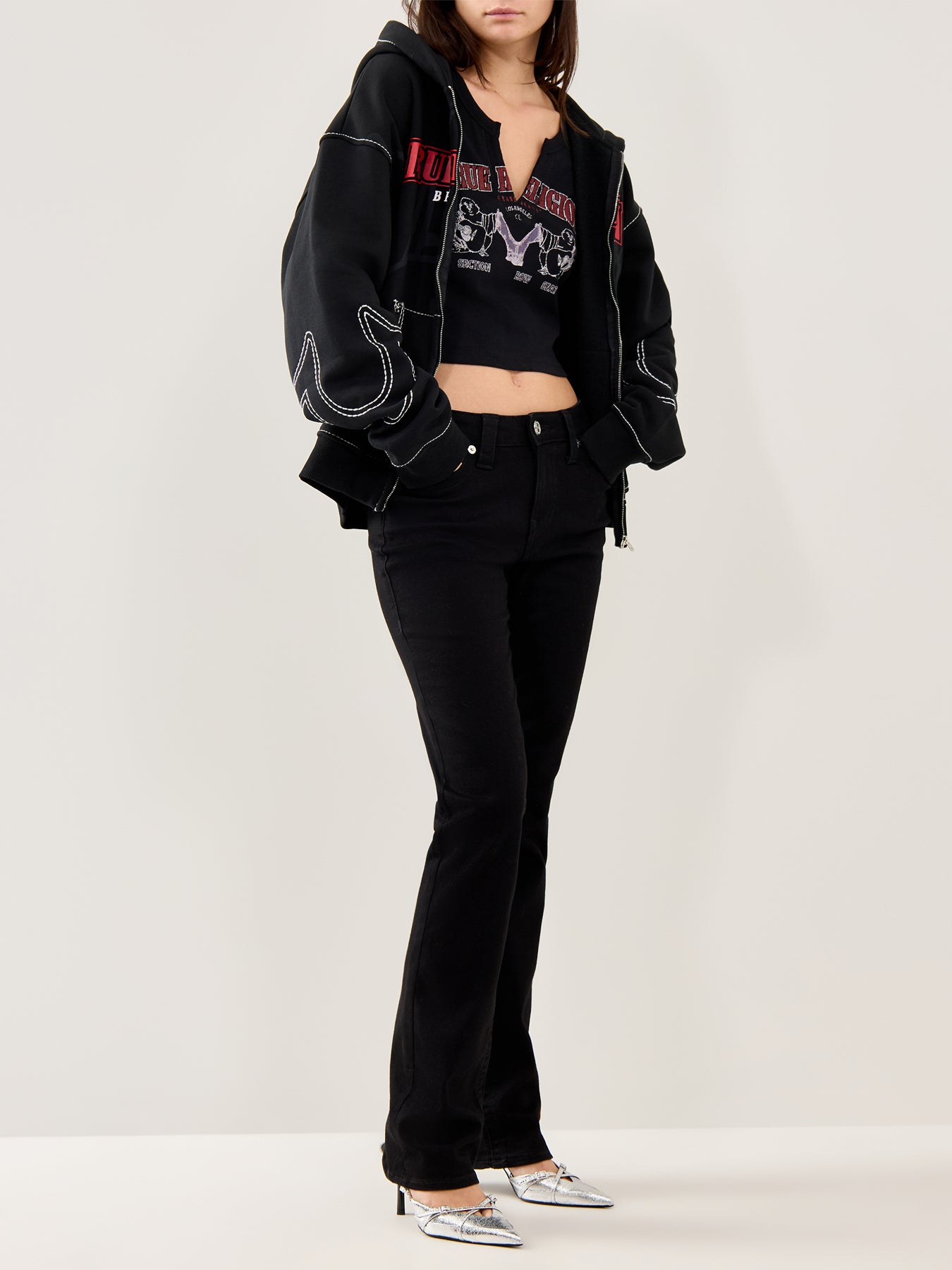 Buddha V-Neck Rib Long Sleeve Top Black