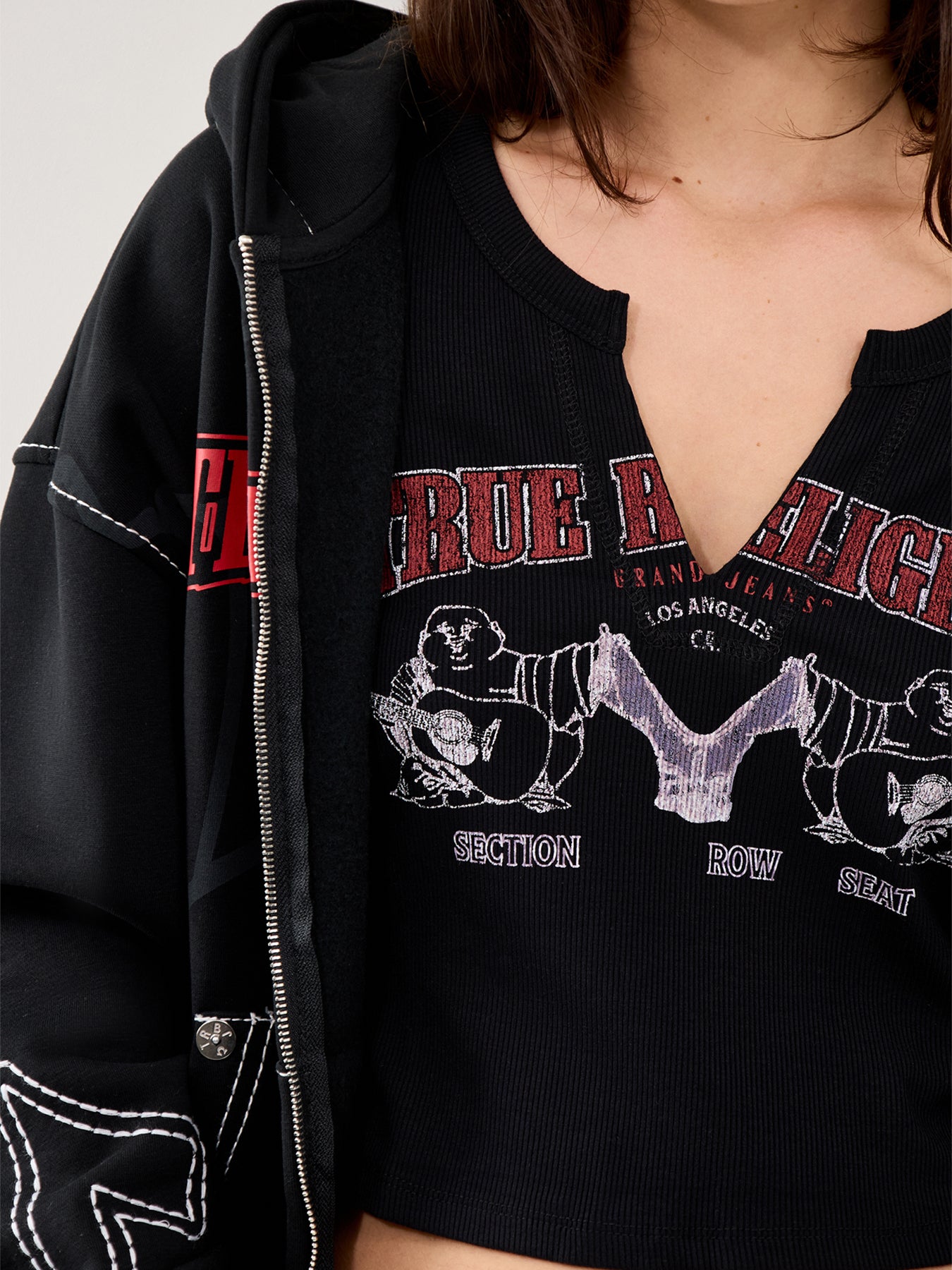 Buddha V-Neck Rib Long Sleeve Top Black