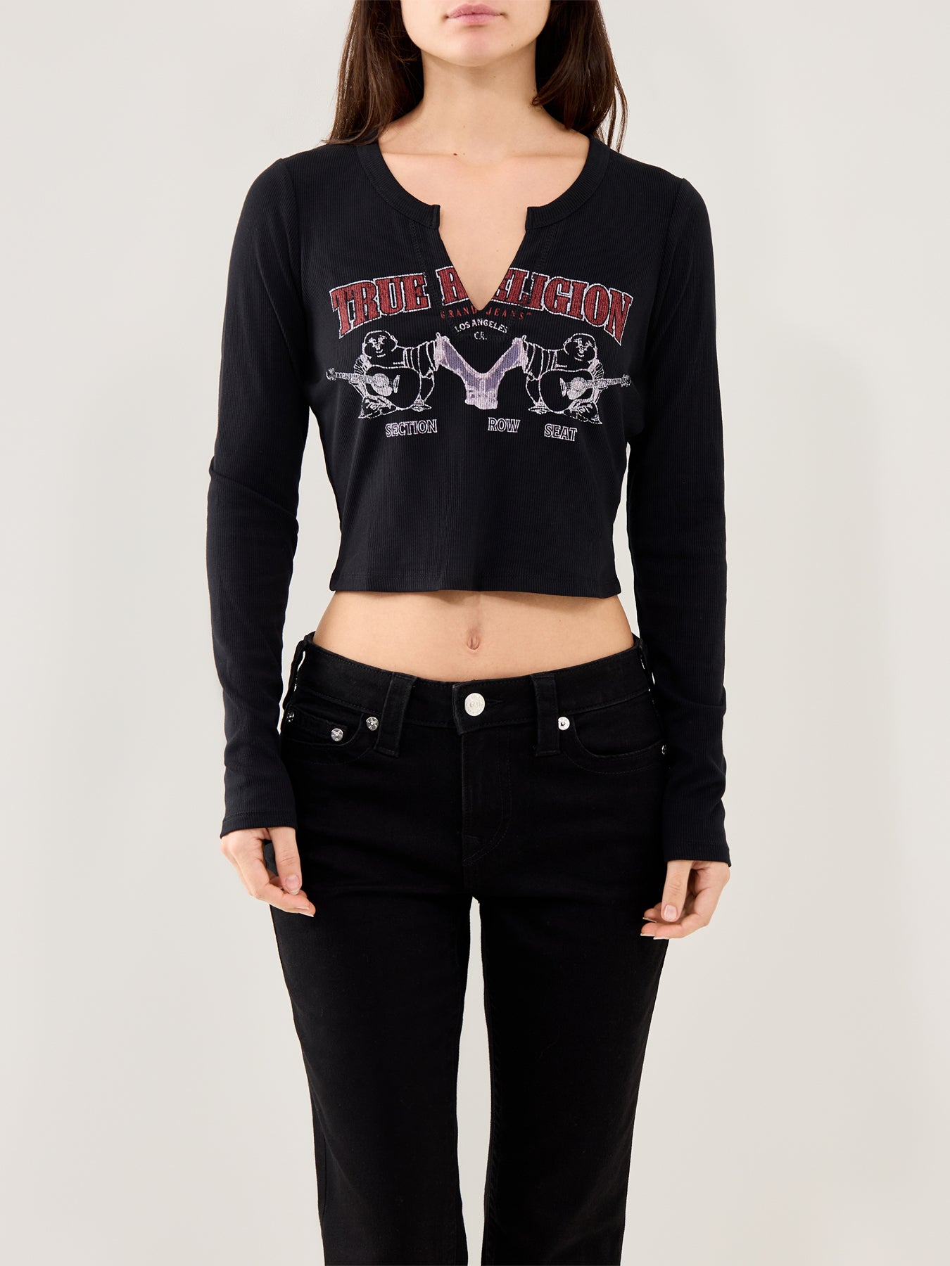 Buddha V-Neck Rib Long Sleeve Top Black