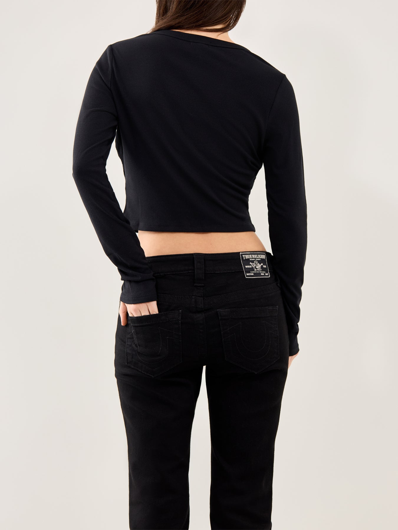 Buddha V-Neck Rib Long Sleeve Top Black